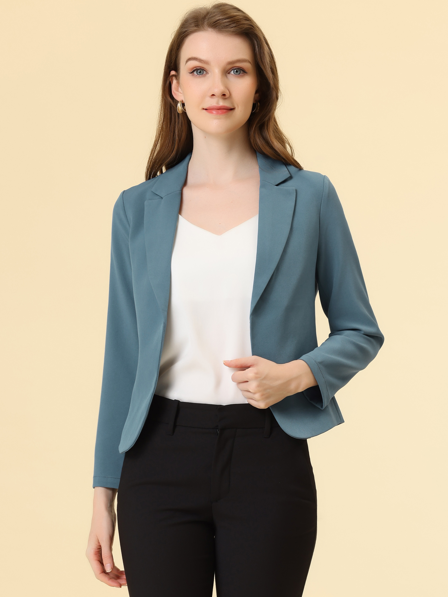 Open Front Office Work Business Crop Suit Blazer Jacket Blue Grey/XL