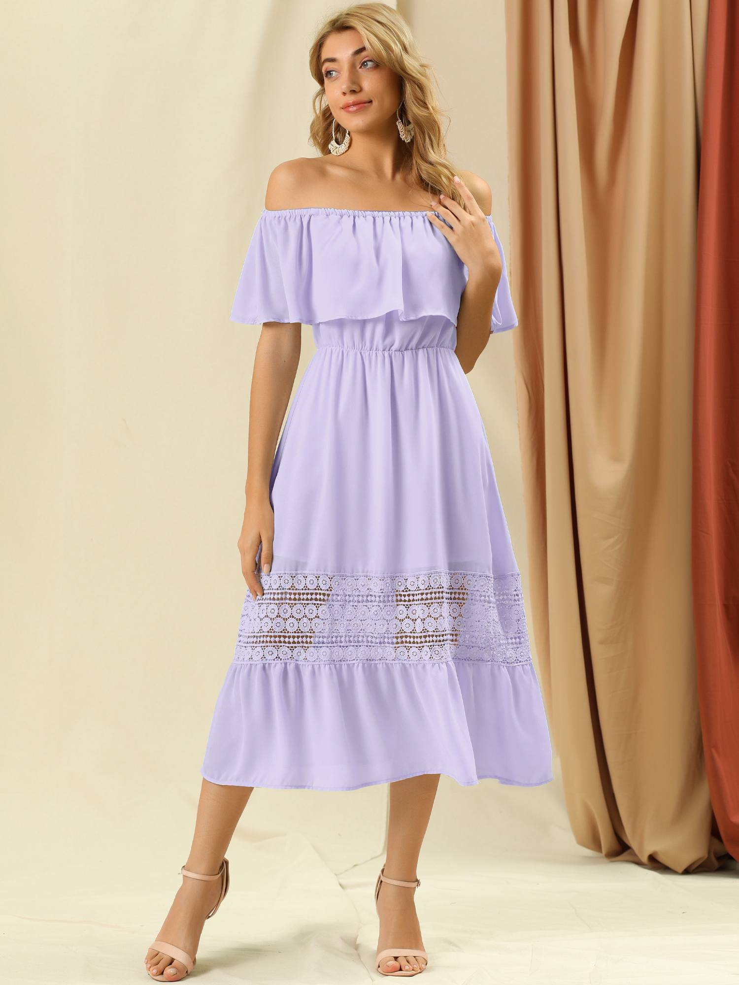Off The Shoulder Ruffle Lace Insert Beach Party Midi Dress Light Purple/S