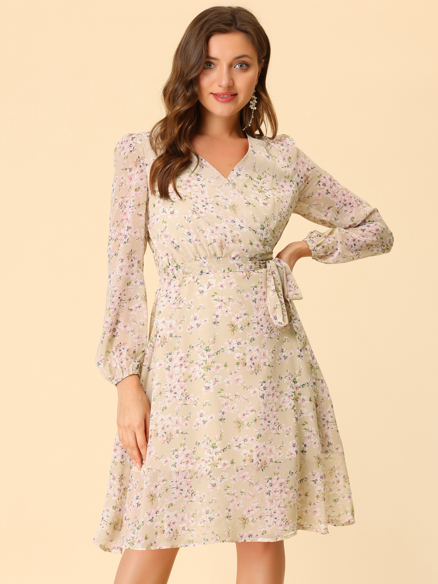 Chiffon Floral V Neck Tie Waist Bishop Sleeve Casual Wrap Midi Dress Apricot/XS