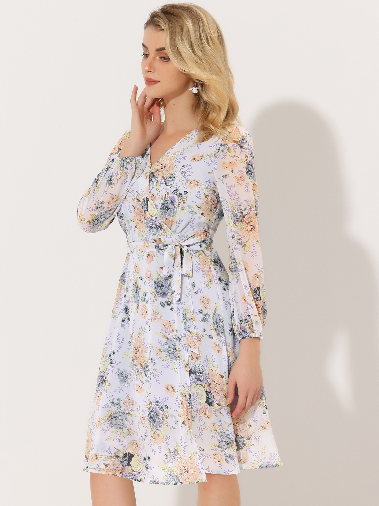 Chiffon Floral V Neck Tie Waist Bishop Sleeve Casual Wrap Midi Dress Light Purple/XS