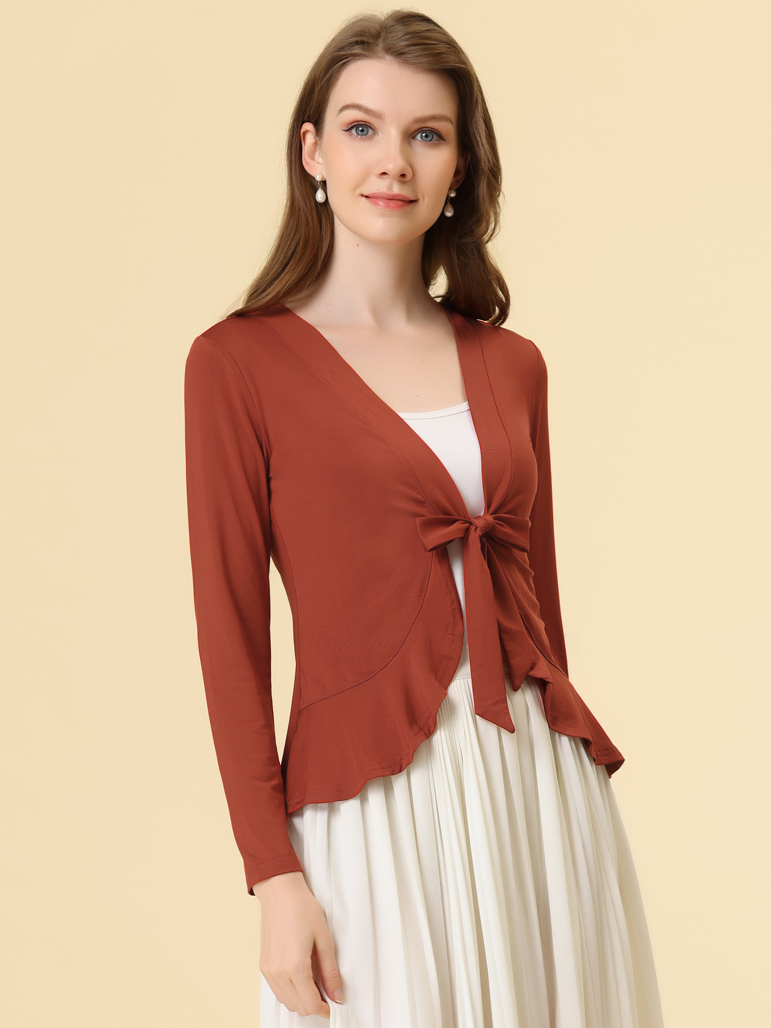 Women's Tie Front Ruffled Long Sleeve Open Cardigan Shrugs Brown Red/XS