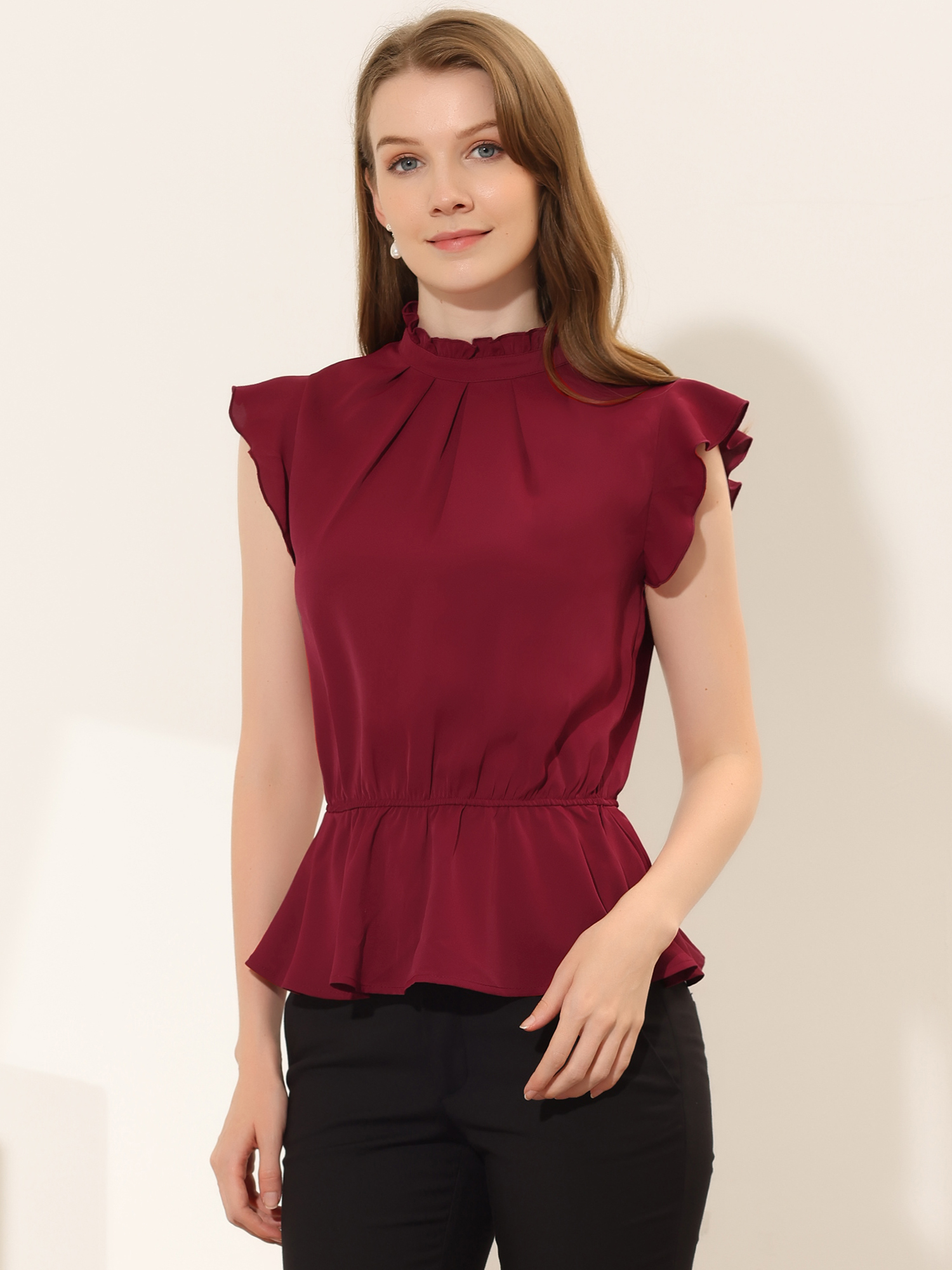 Stand Collar Pleated Frilled Ruffles Solid Sleeveless Peplum Top Burgundy/XL