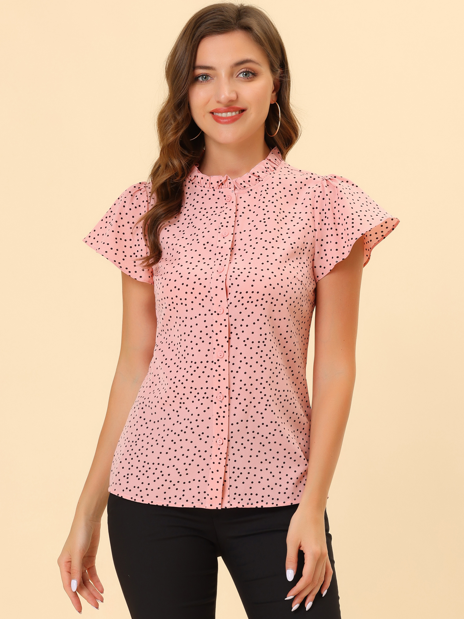 Ruffle Summer Dots Print Retro Short Sleeve Button Blouse Pink/M