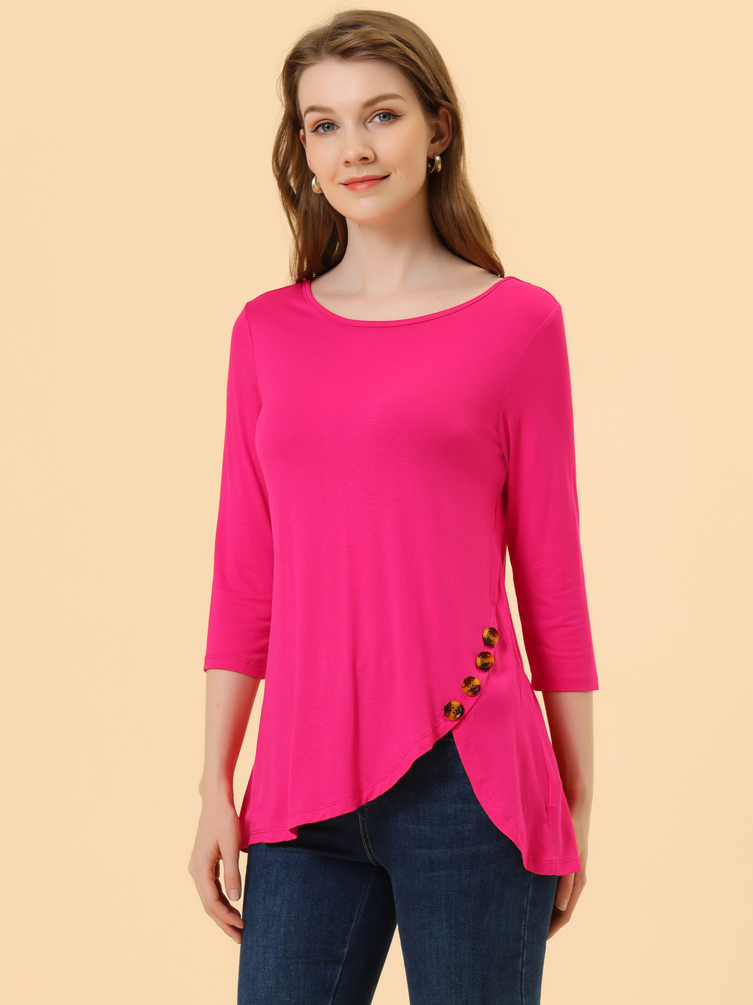 3/4 Sleeve Round Neck Button Decor Casual Stretchy Tunic Tops Hot Pink/L