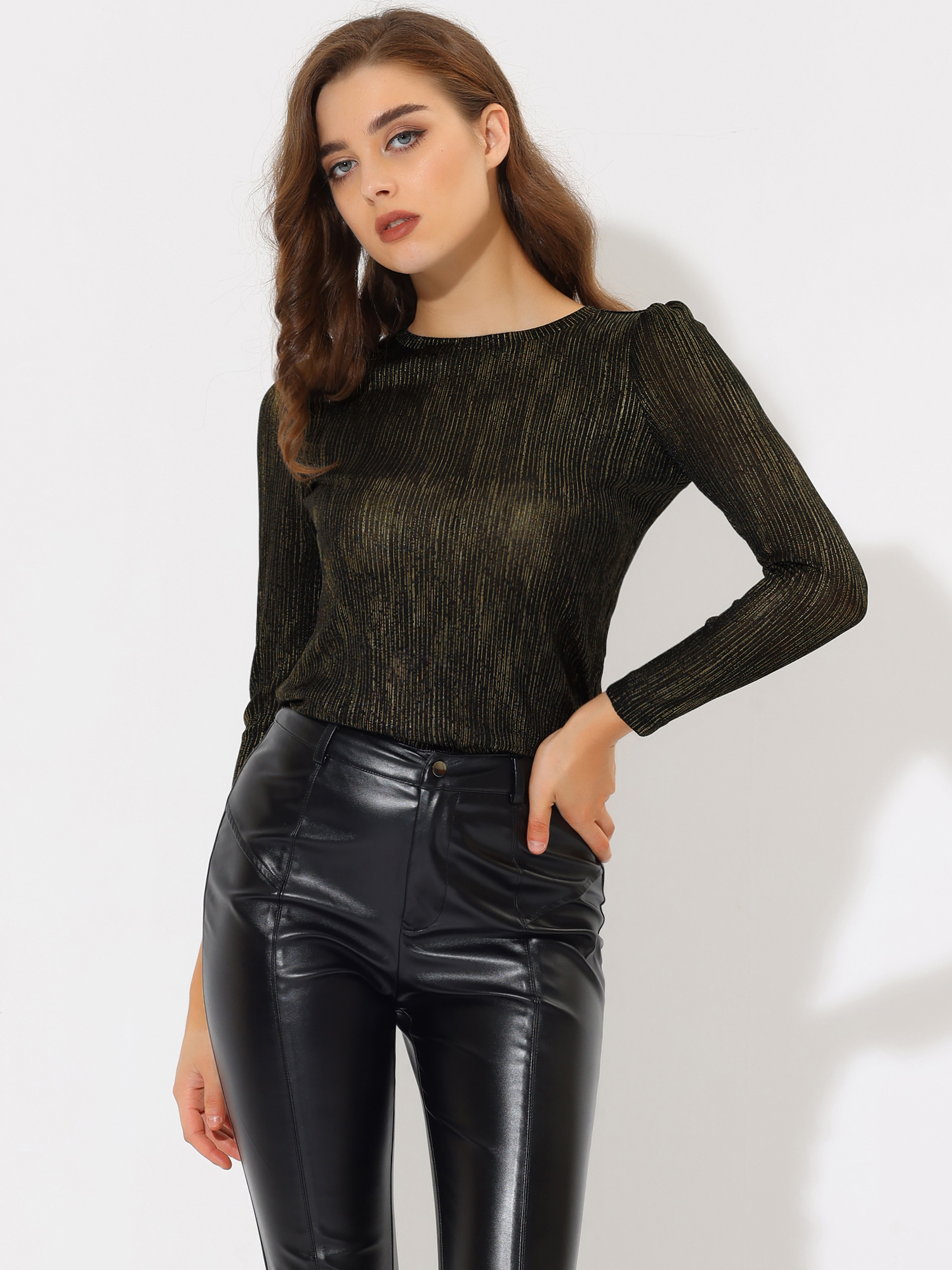 Long Sleeve Sparkly Party Glitter Shiny Metallic Blouse Black Shiny/M