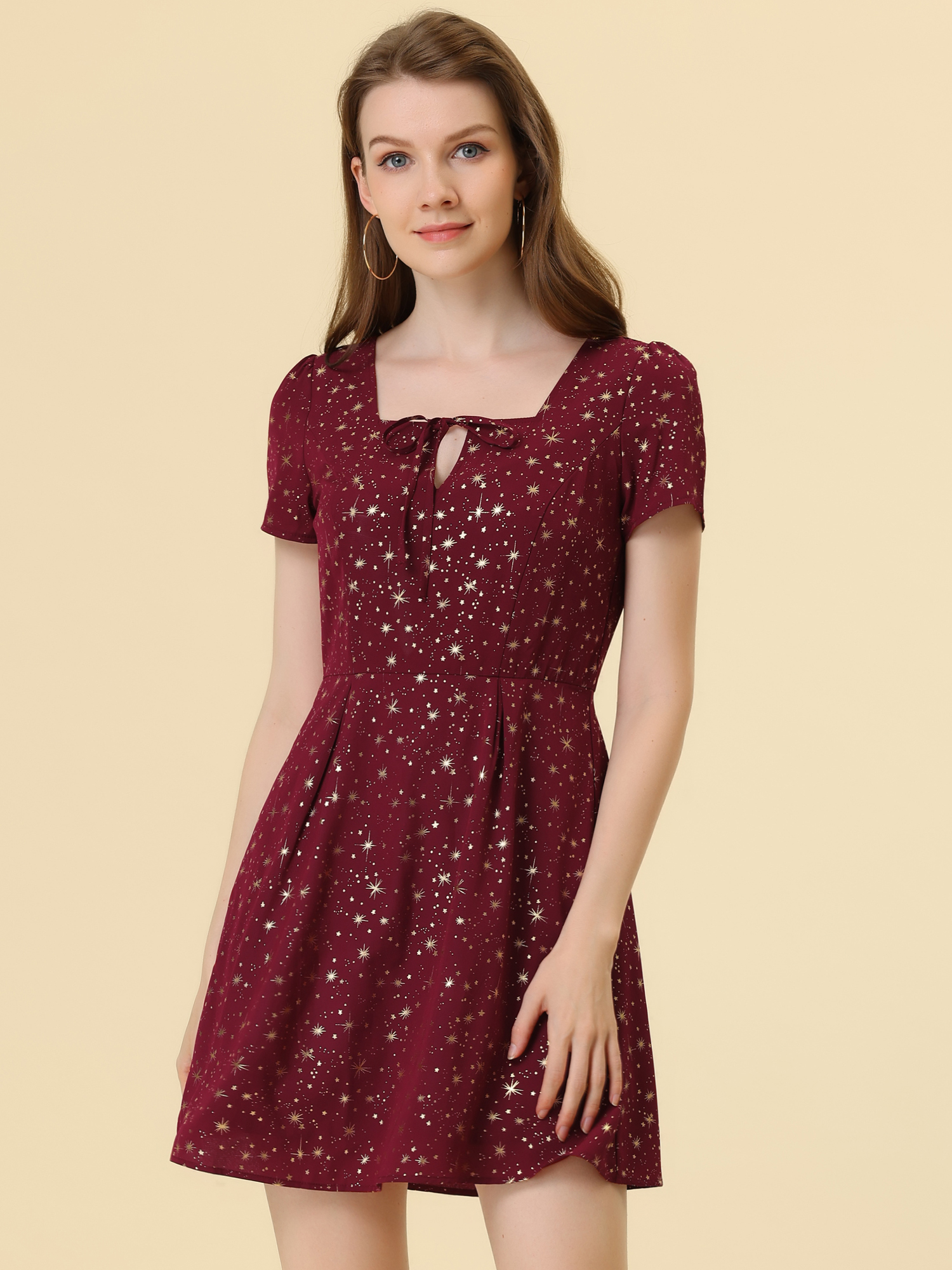 Printed Casual Square Neck Short Sleeve Fit and Flare Dress Burgundy-Stars/L