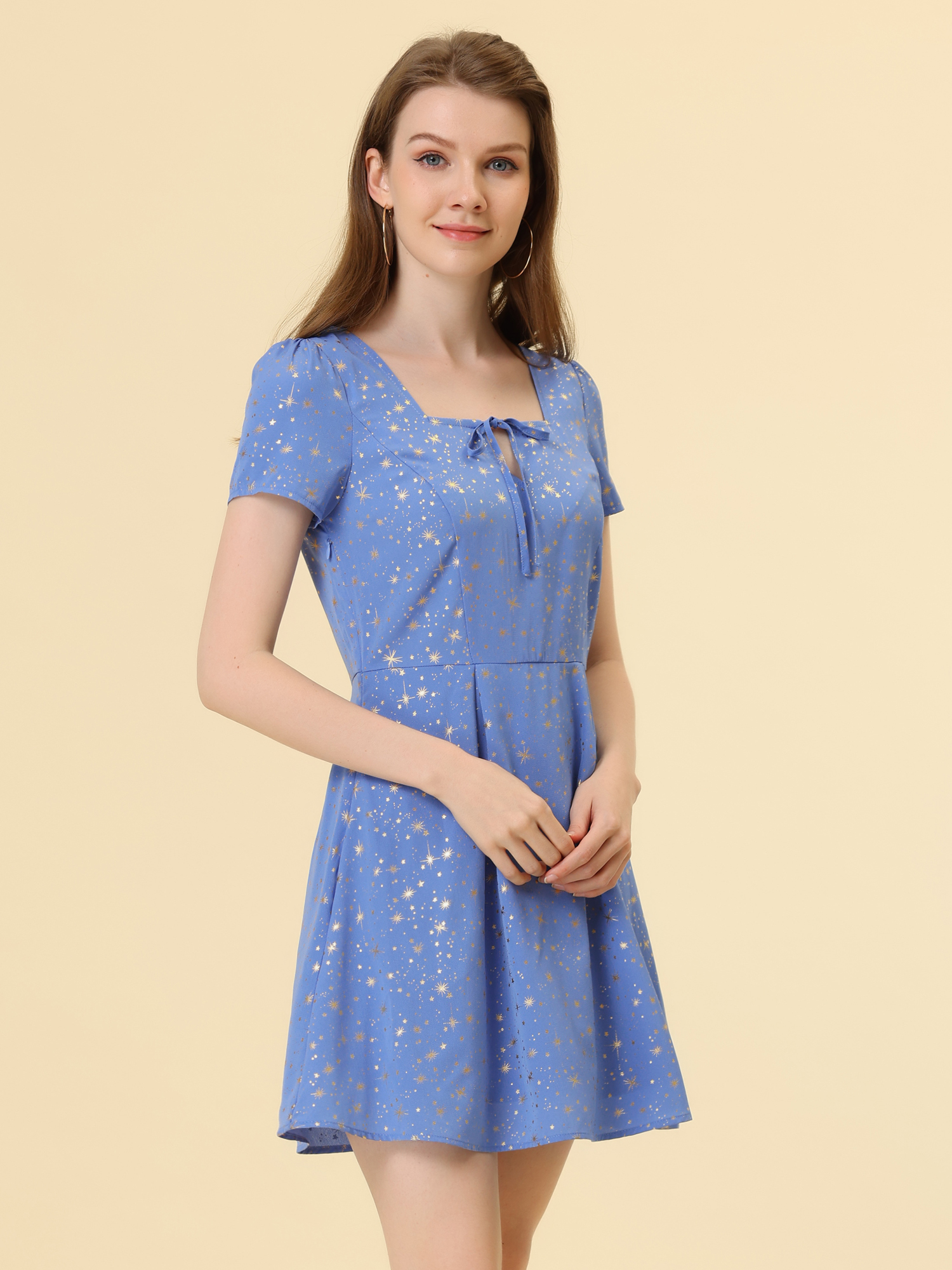 Printed Casual Square Neck Short Sleeve Fit and Flare Dress Gray Blue-Stars/L