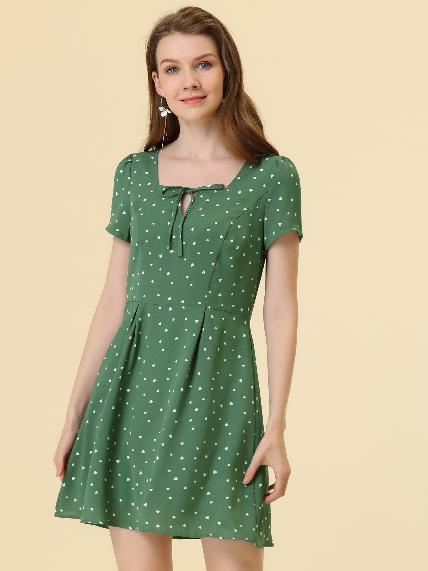 Printed Casual Square Neck Short Sleeve Fit and Flare Dress Green-Heart/L