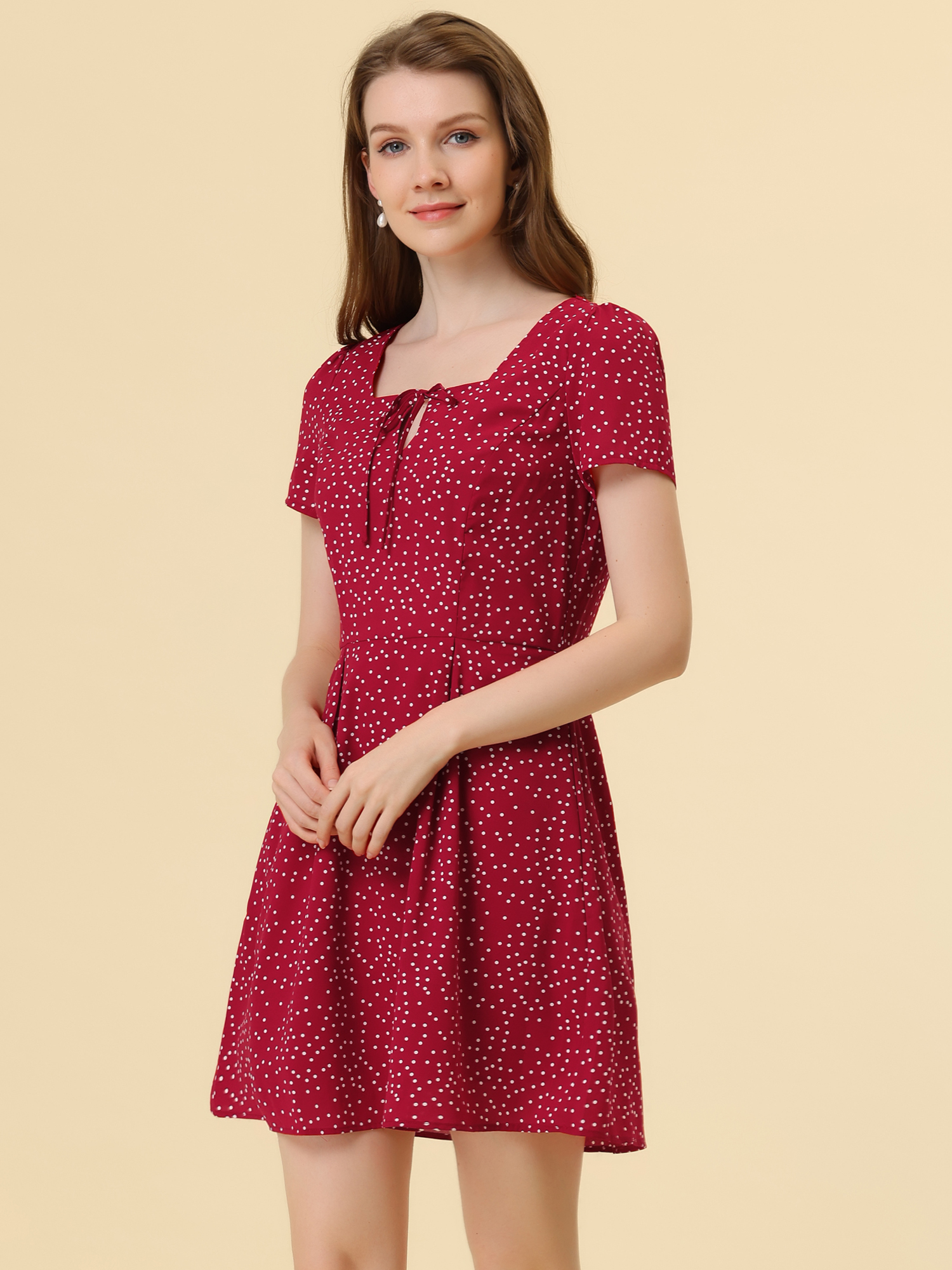 Printed Casual Square Neck Short Sleeve Fit and Flare Dress Red-Dotted/S