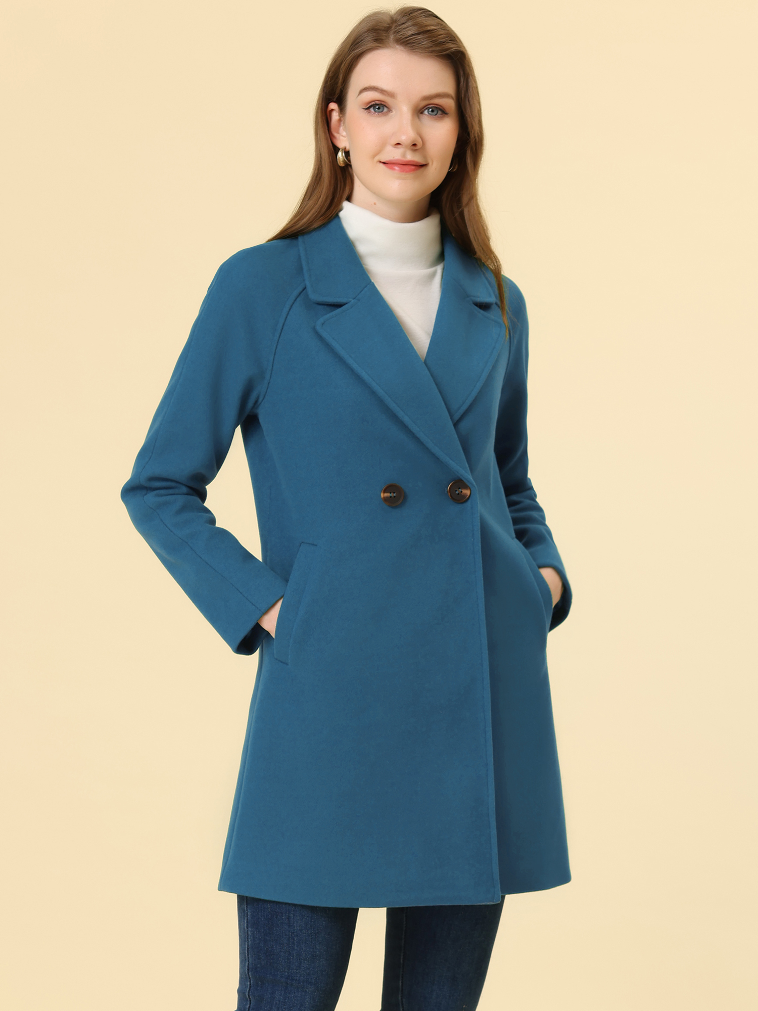Notched Lapel Raglan Double Breasted Winter Coat Dark Blue Grey/S
