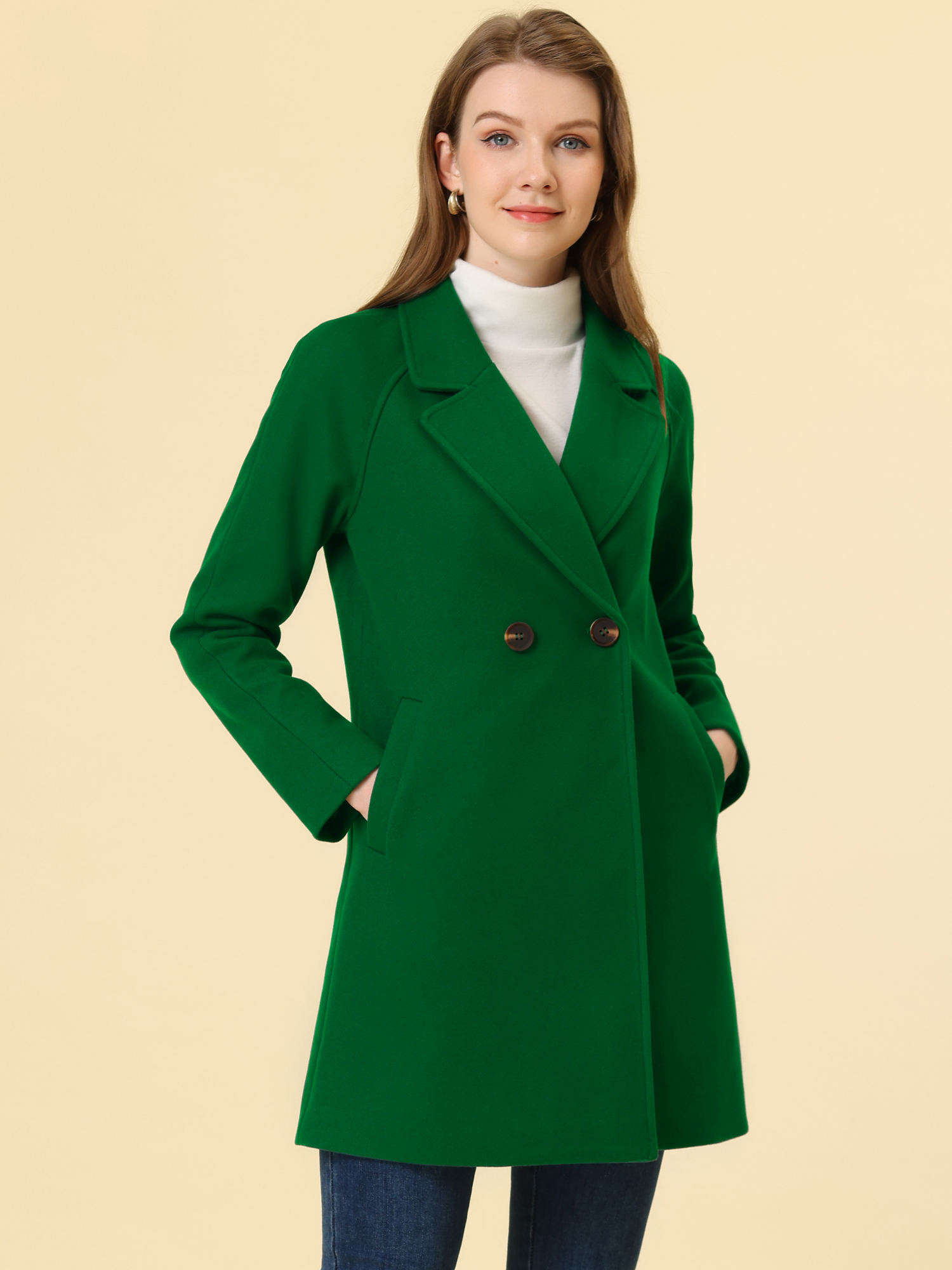 Notched Lapel Raglan Double Breasted Winter Coat Grass Green/S