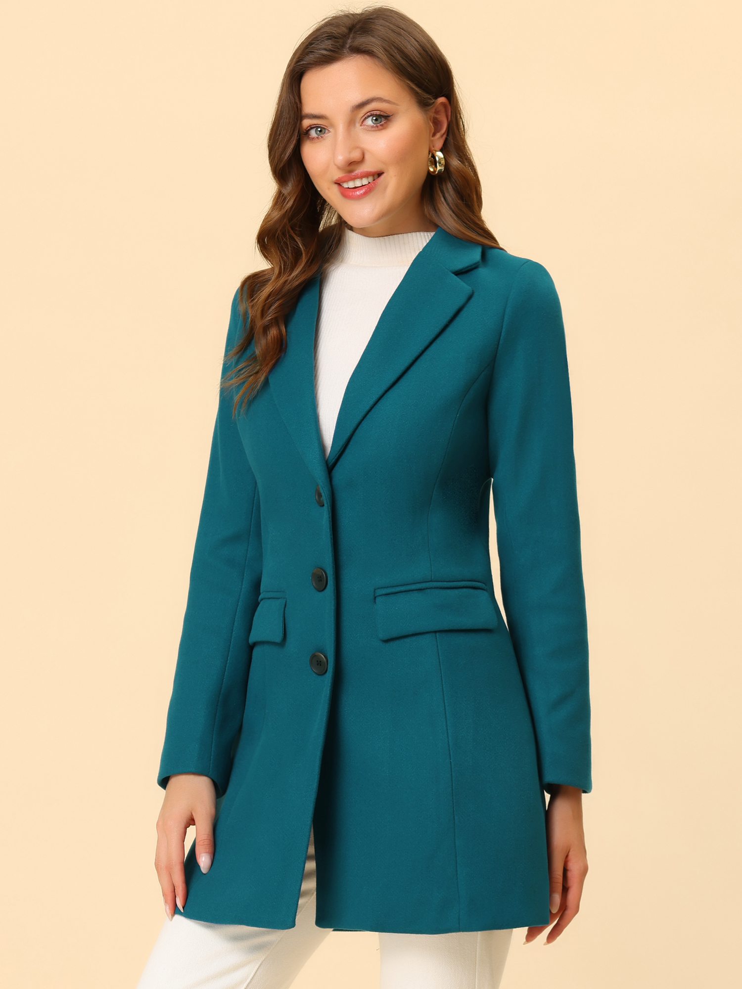 Notched Lapel Single Breasted Winter Outwear Long Coat Lake Blue/XL