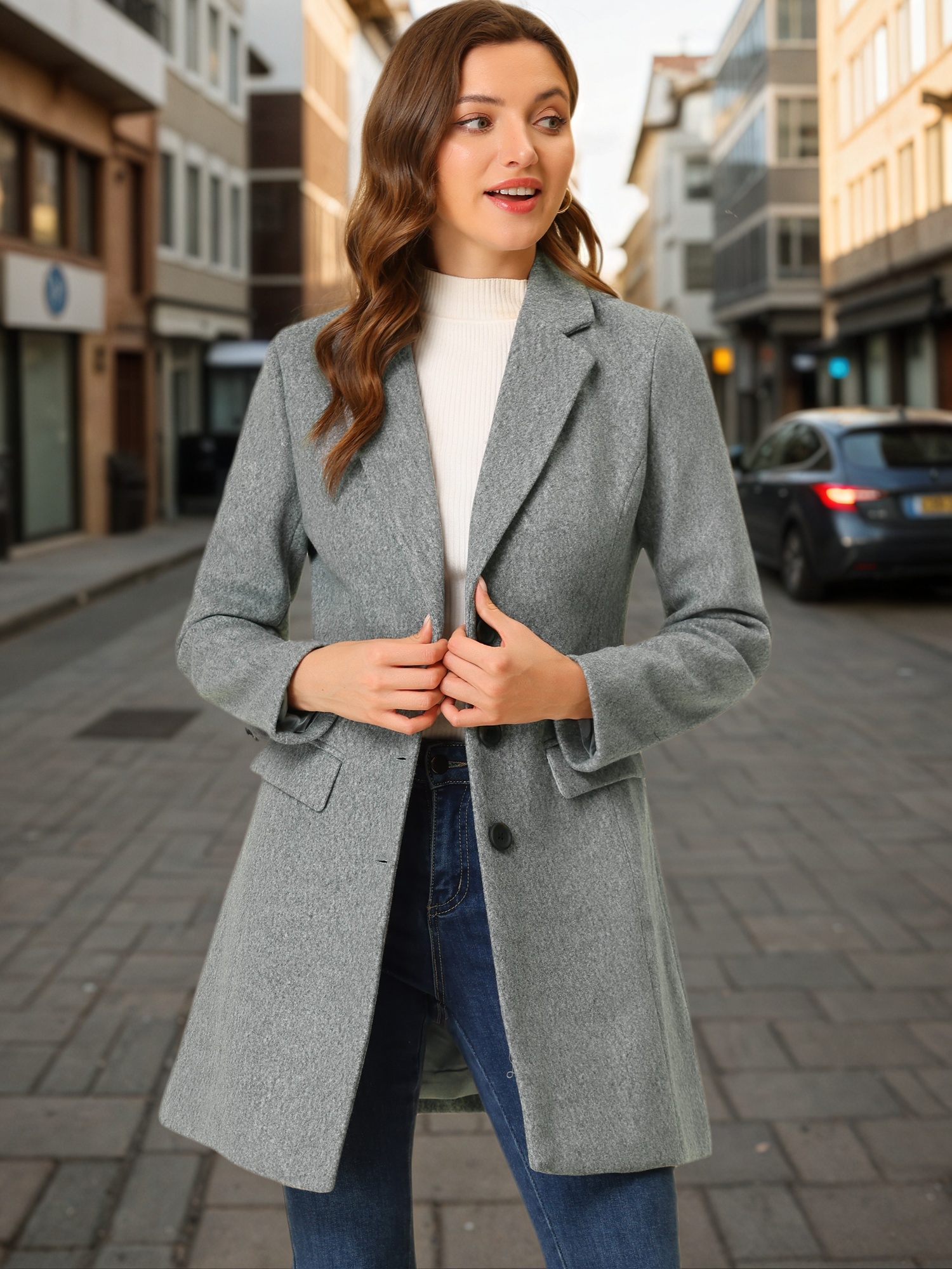 Notched Lapel Single Breasted Outwear Winter Pea Coat Light Grey/M