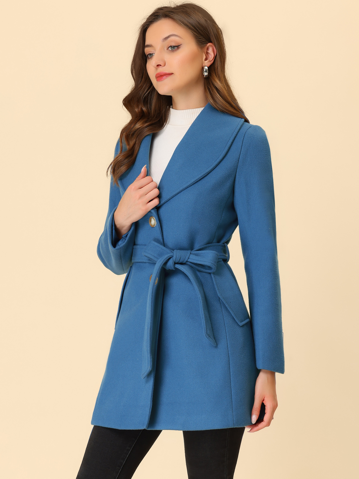 Shawl Collar Single Breasted Winter Long Belted Coat Dark Blue Grey/L