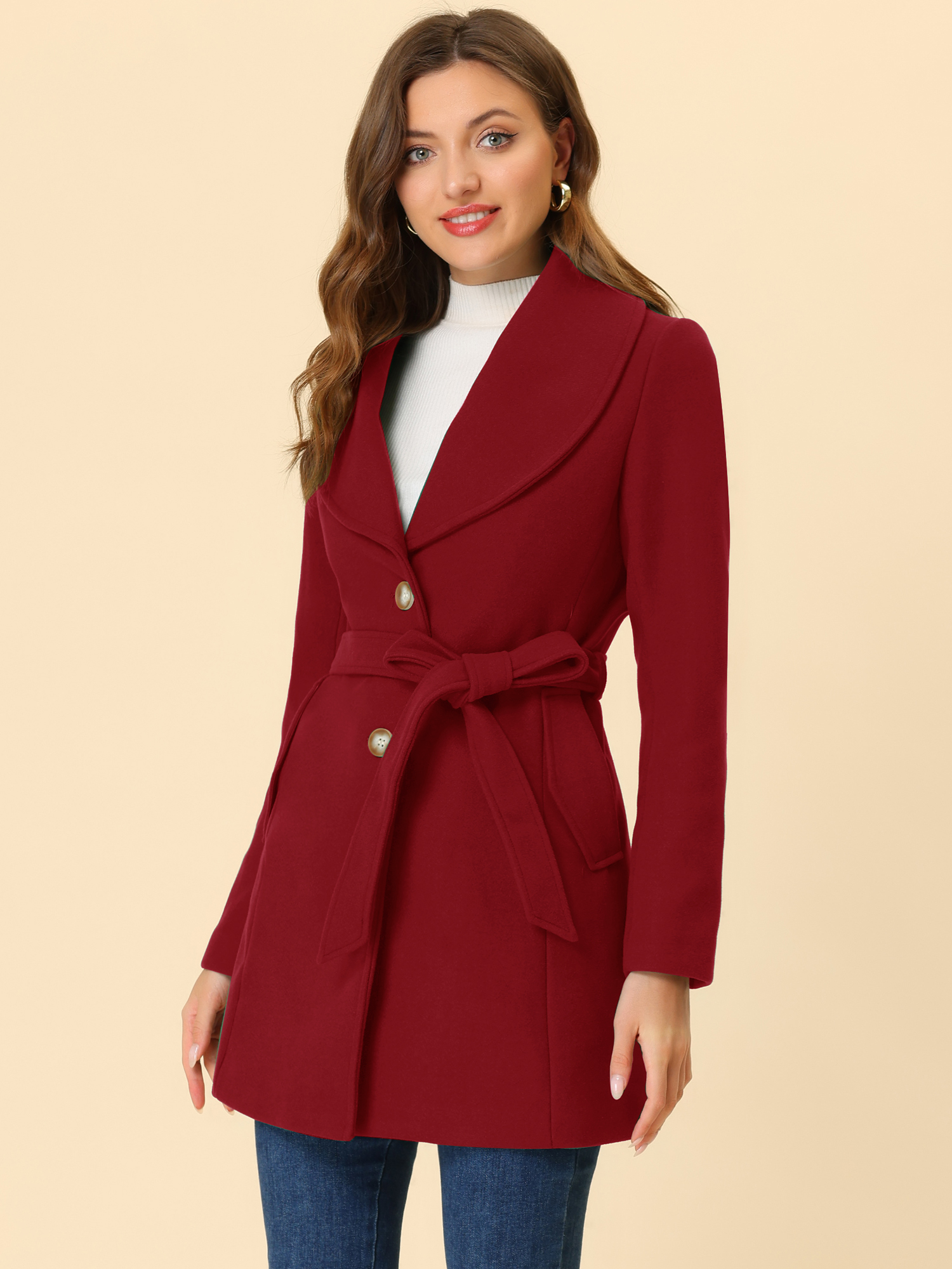 Shawl Collar Single Breasted Winter Long Belted Coat Dark Red/S