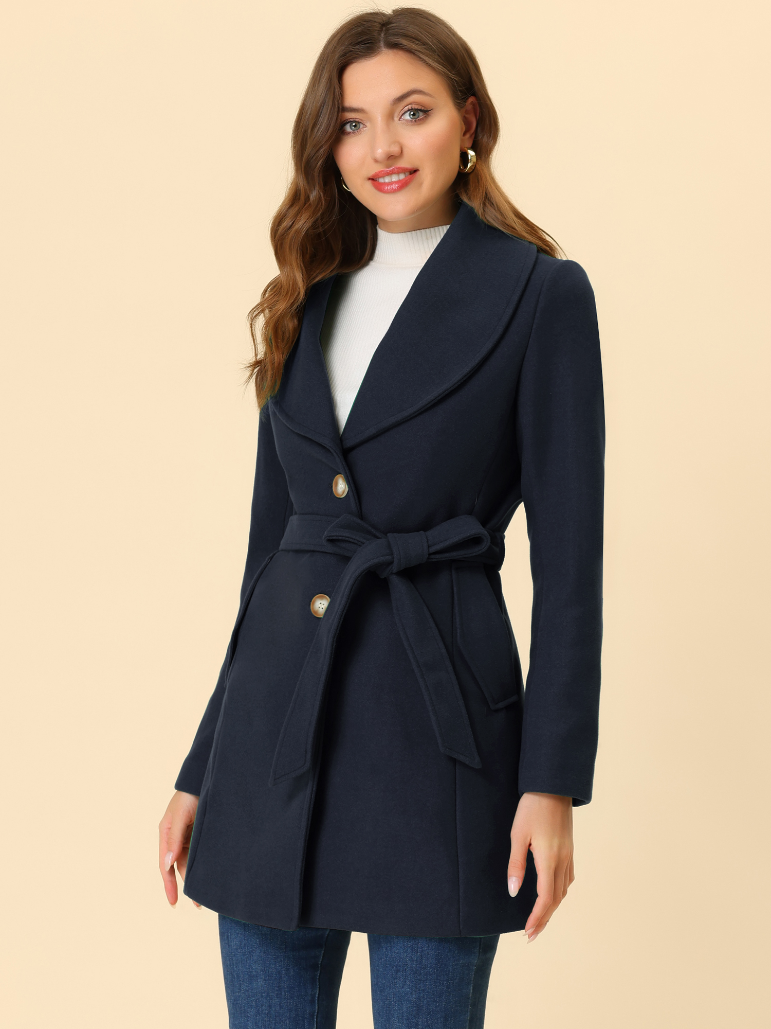 Shawl Collar Single Breasted Winter Long Belted Coat Dark Blue/L