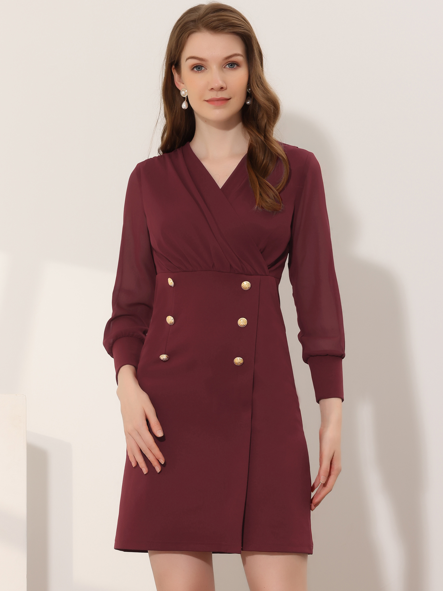 Work Office V Neck Mesh Sheer Sleeve Mini Dress Wine Red/S