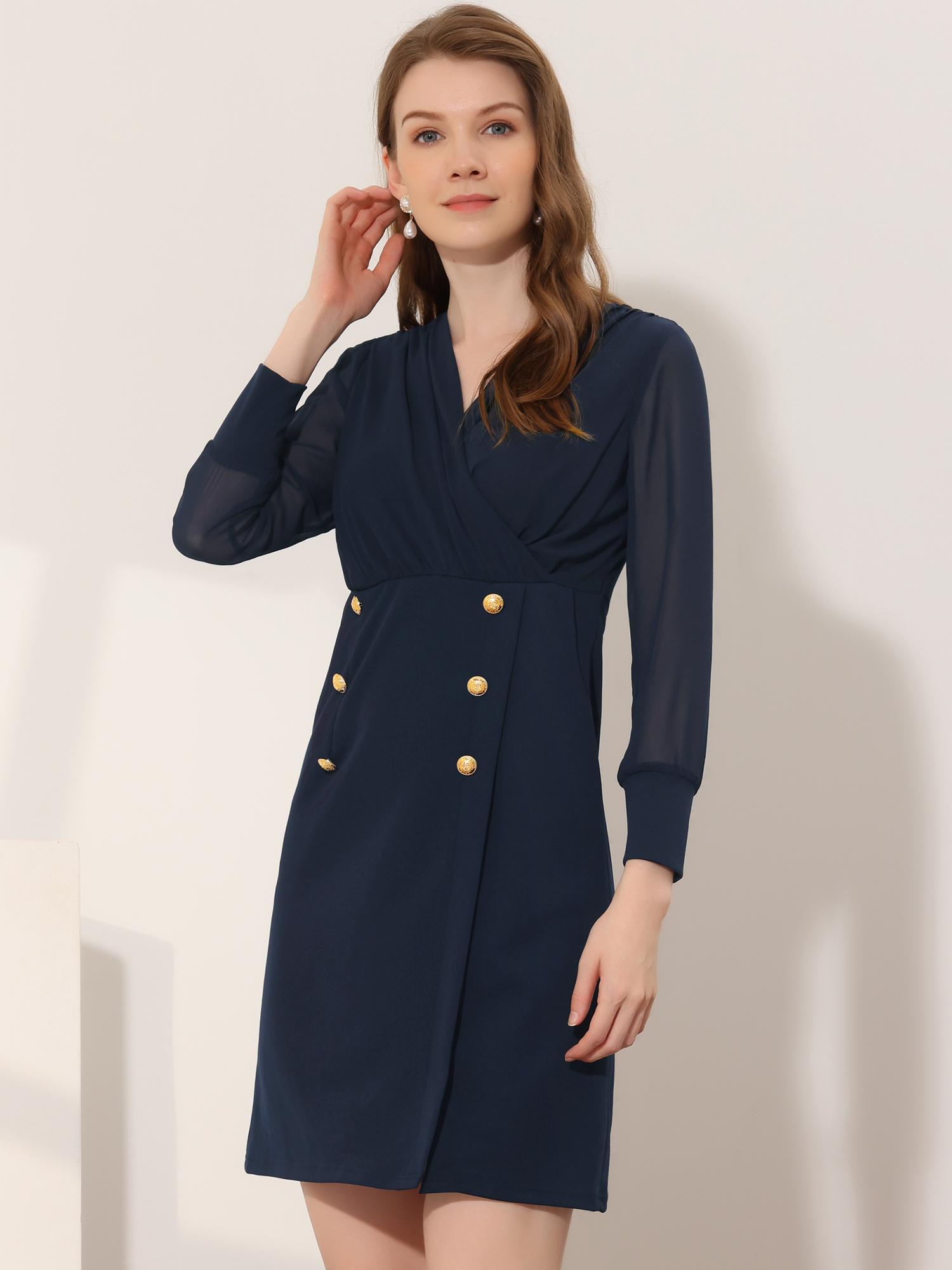 Work Office V Neck Mesh Sheer Sleeve Mini Dress Dark Blue/XS