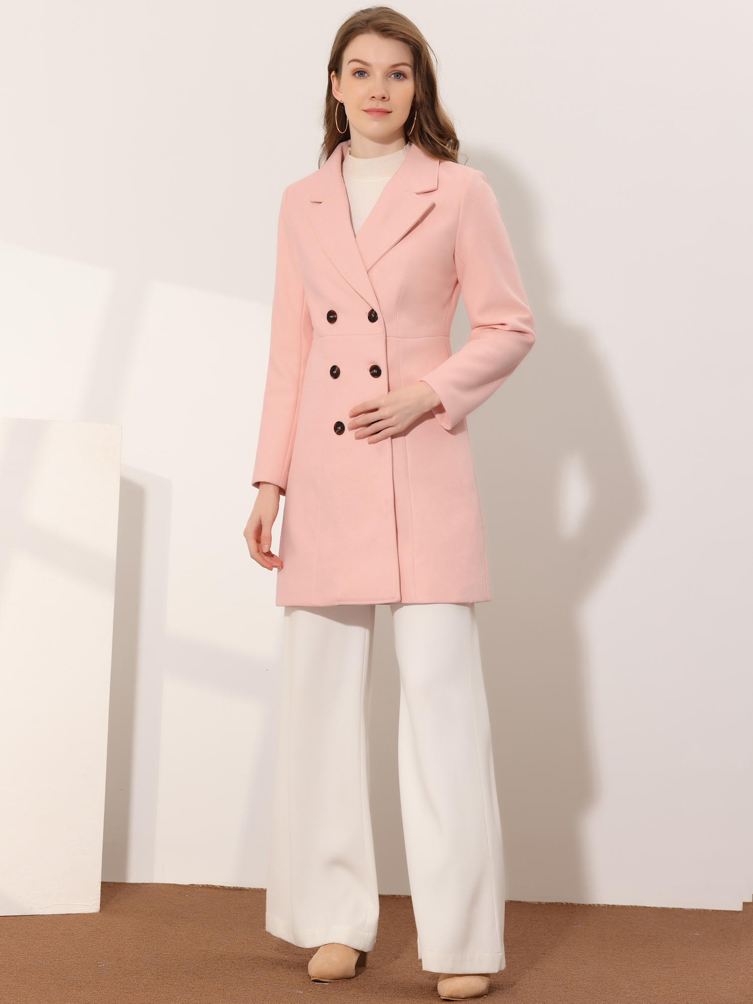 Notched Lapel Double Breasted Outwear Winter Long Coat Pink/L