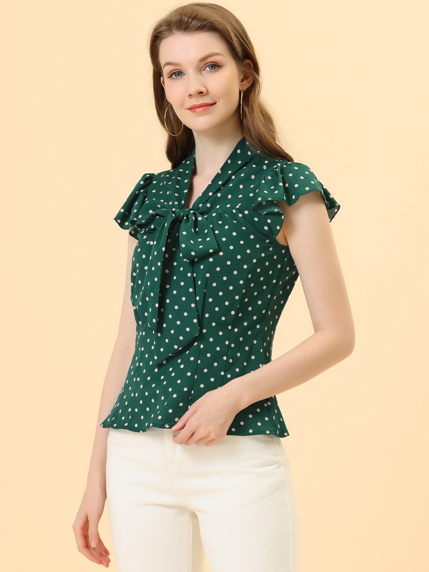 Summer Polka Dots Top Bow Tie V Neck Ruffled Cap Sleeve Office Blouse Dark Green/XS