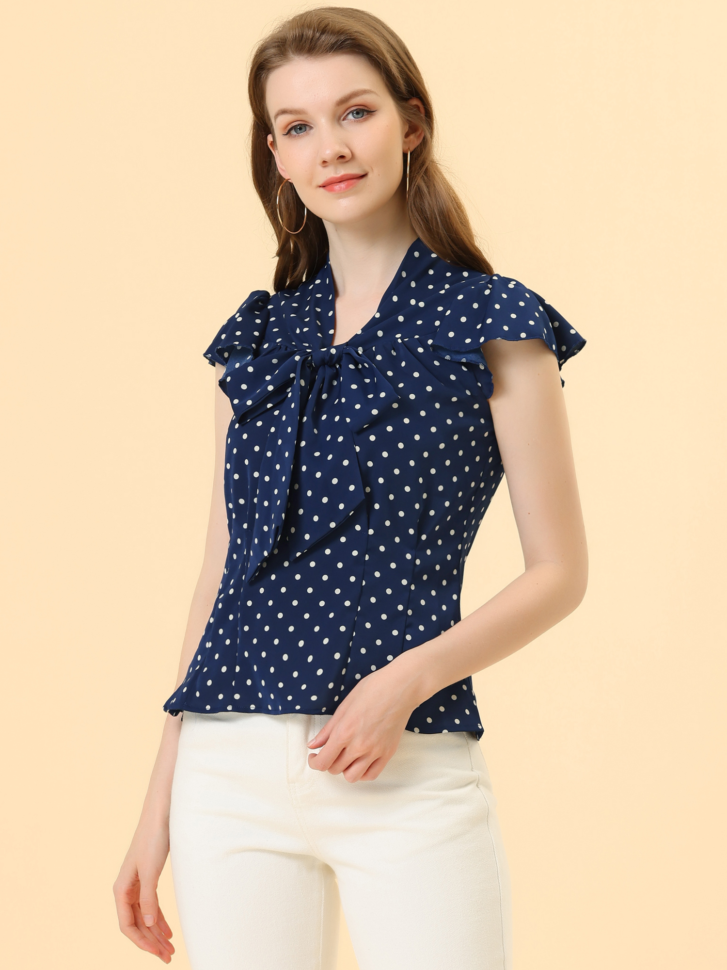 Summer Polka Dots Top Bow Tie V Neck Ruffled Cap Sleeve Office Blouse Dark Blue/S