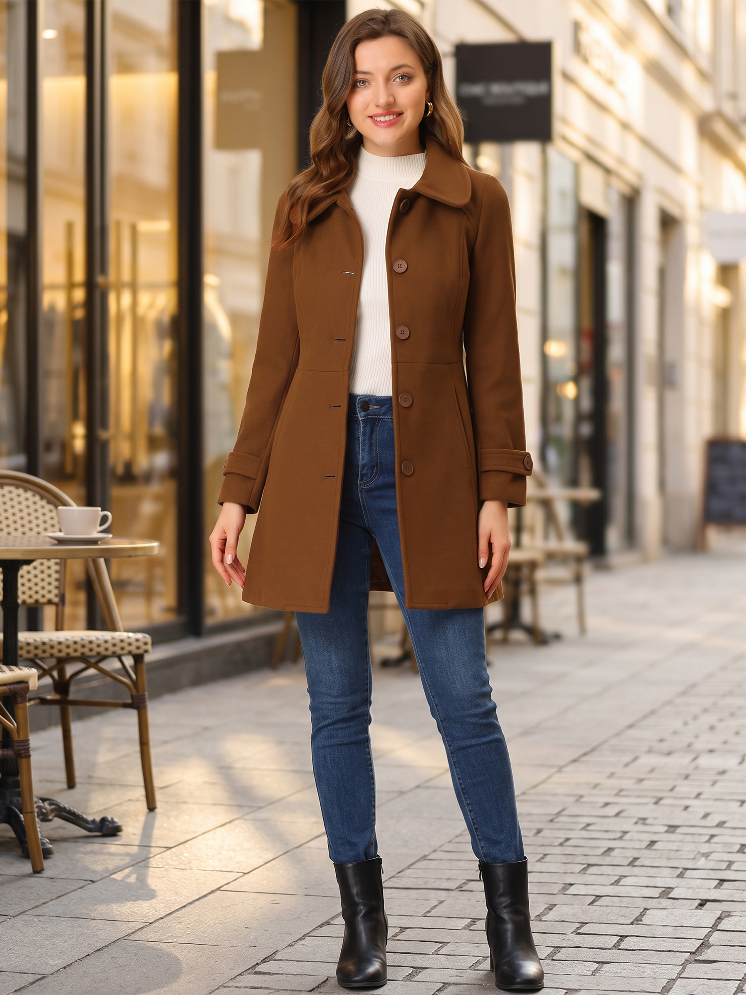 Peter Pan Collar Single Breasted Winter Outwear Buttoned Long Coat Brown/XS
