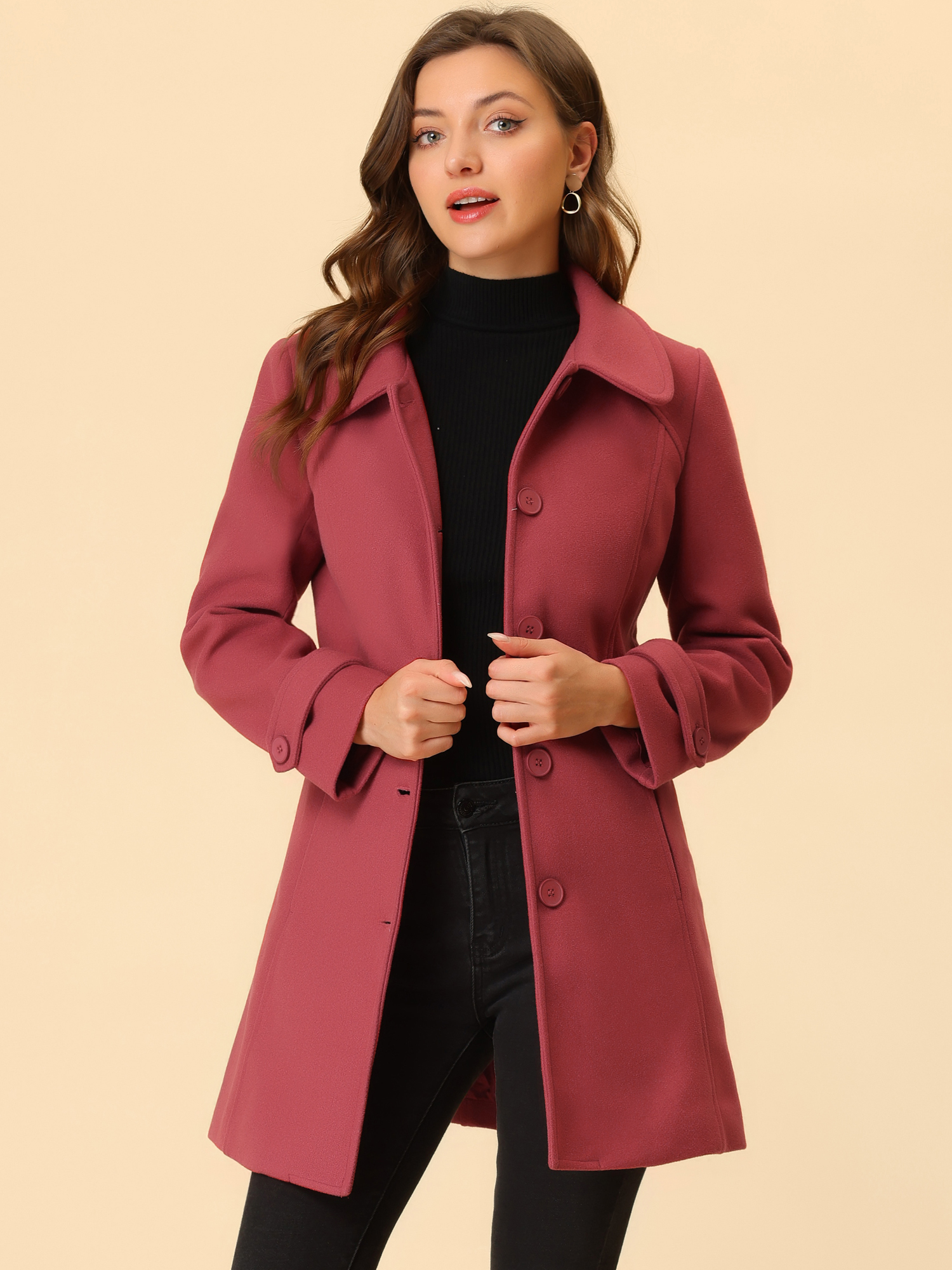 Peter Pan Collar Single Breasted Winter Outwear Buttoned Long Coat Dull Red/XS