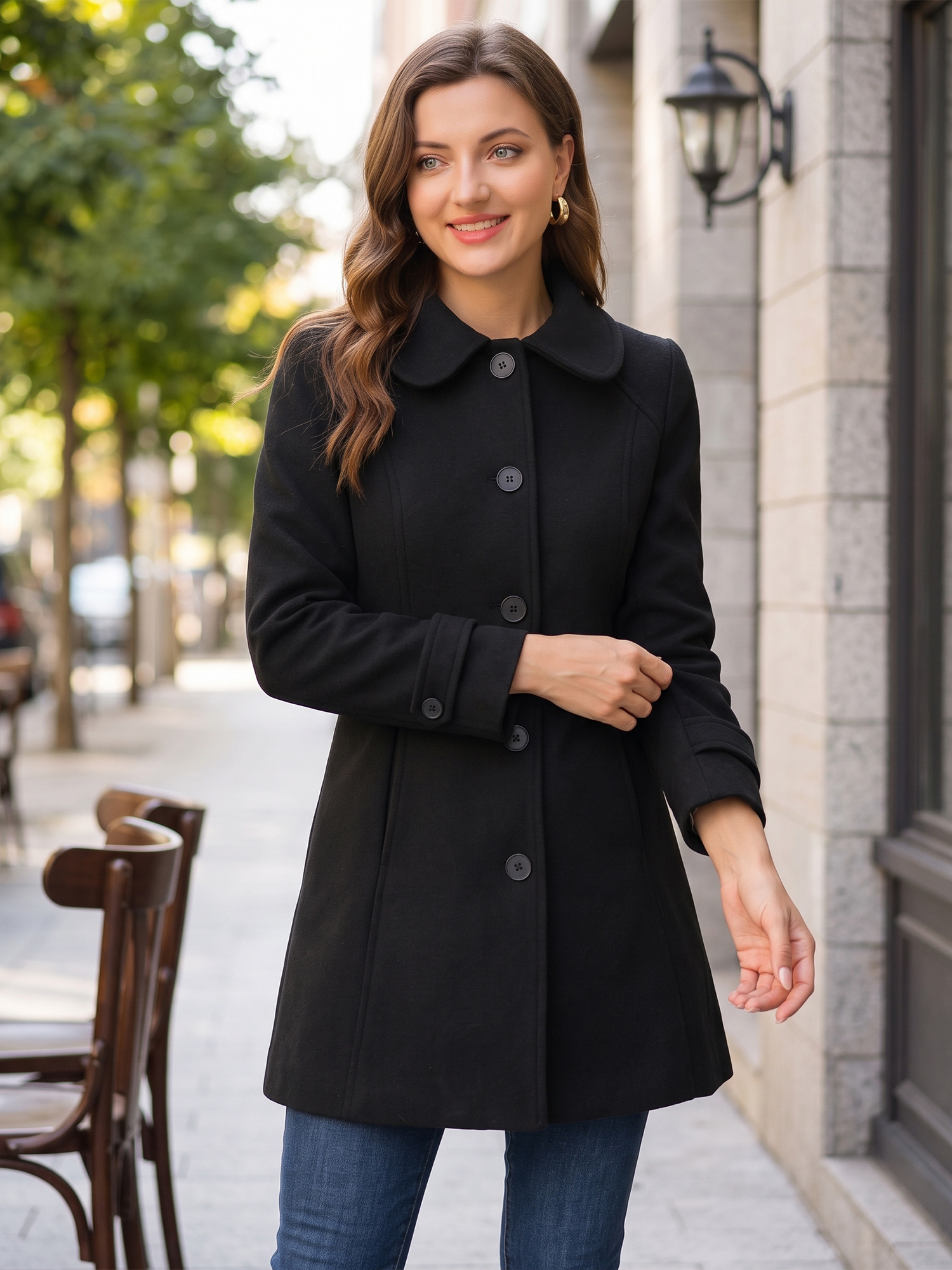 Peter Pan Collar Single Breasted Winter Outwear Buttoned Long Coat Black/L