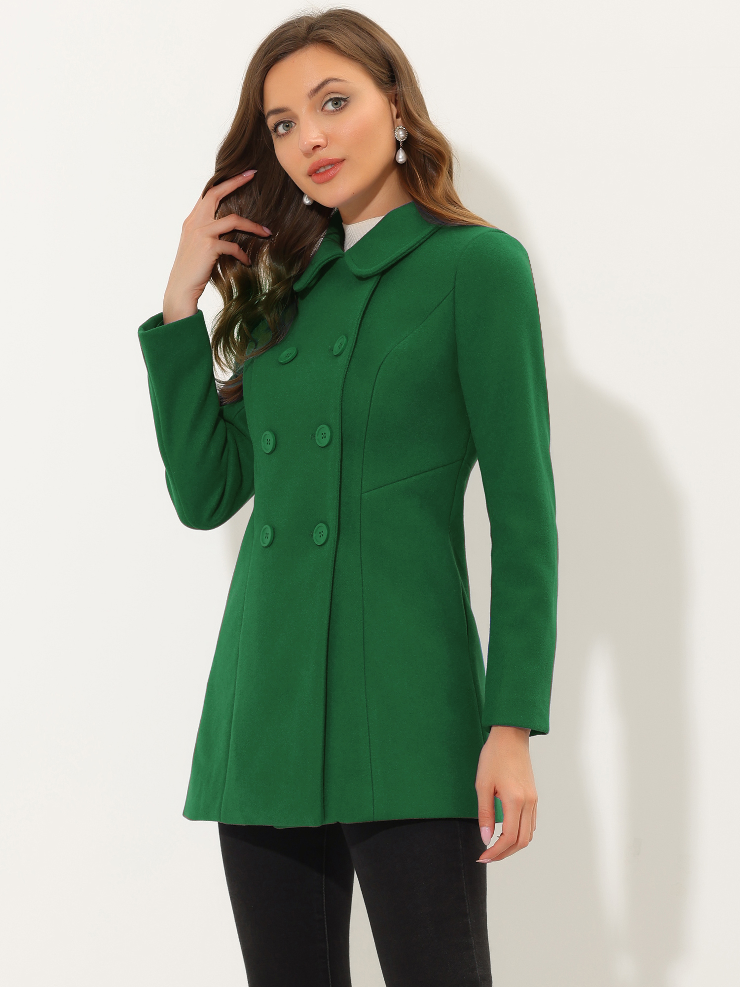 Peter Pan Collar Double Breasted Winter Long Trench Pea Coat Grass Green/L