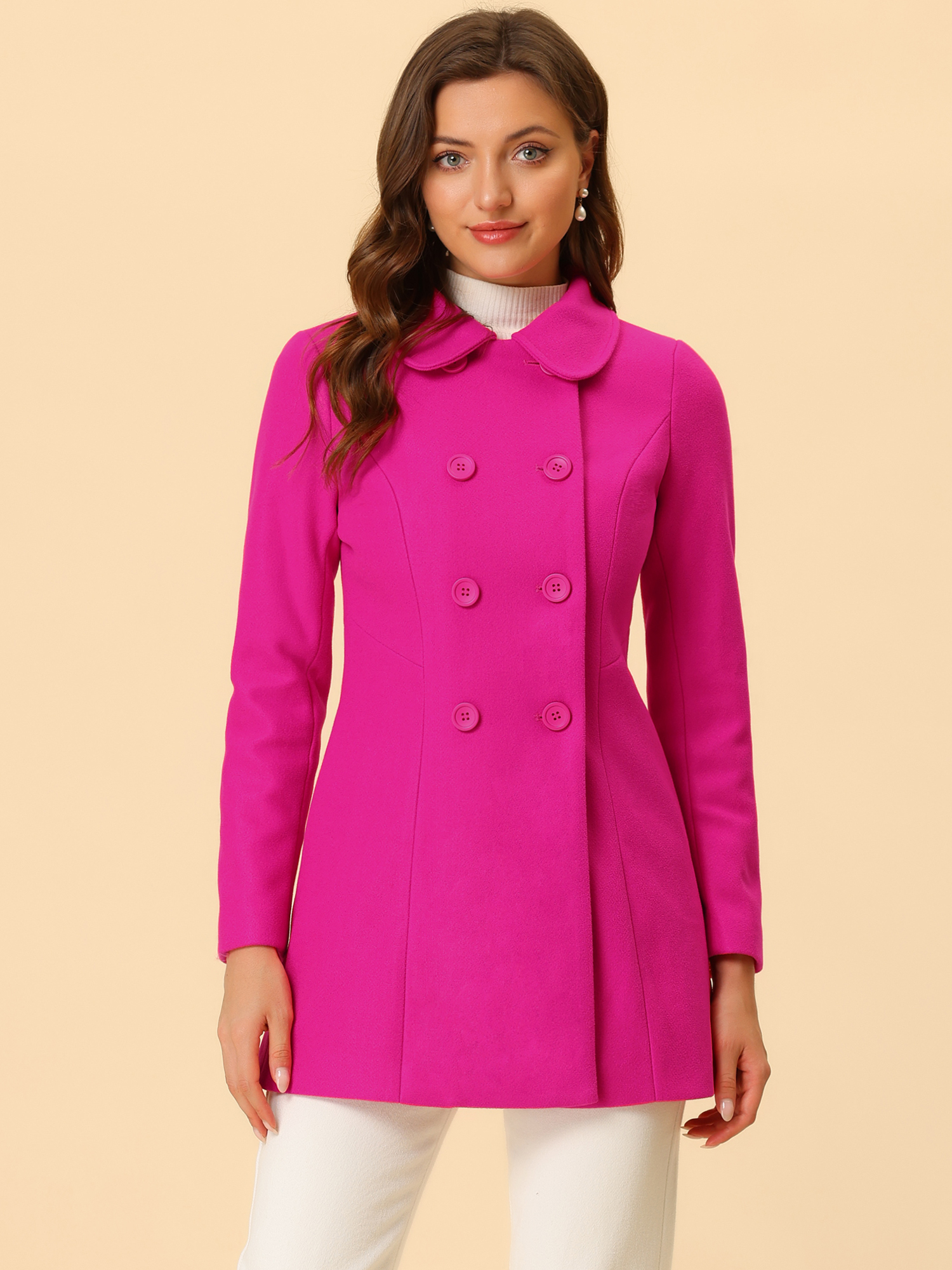 Double Breasted Peter Pan Collar Long Trench Pea Coat Hot Pink/M