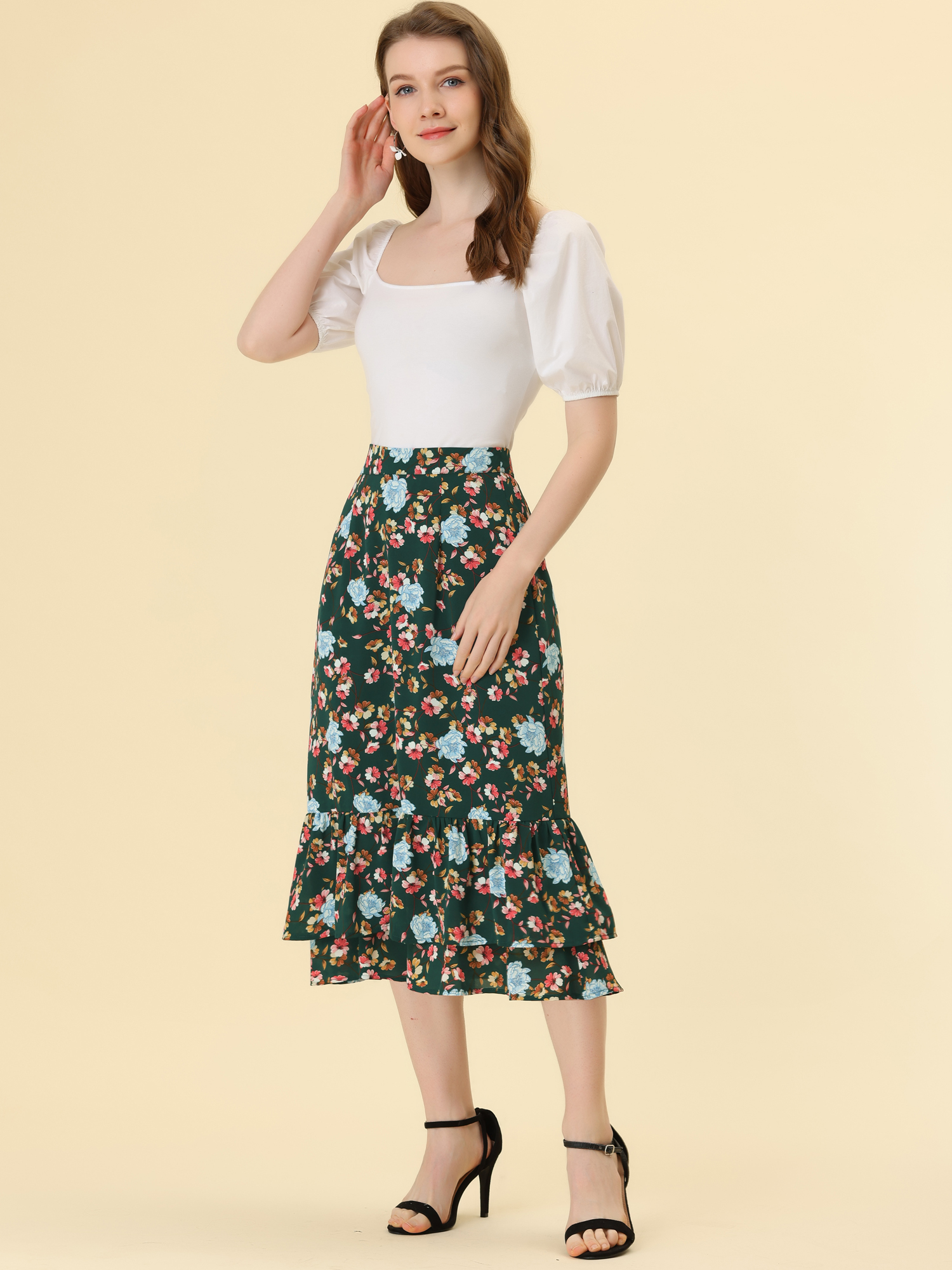 Chiffon Printed Elastic Waist Ruffle Tiered Flowy Midi Skirt Dark Green-Floral/S