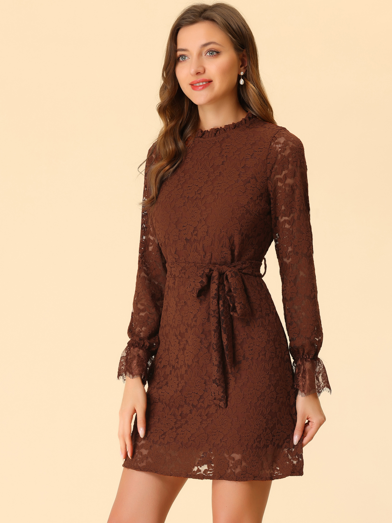 Lace Floral Ruffle Crew Neck Cocktail Mini Dress Caramel/S