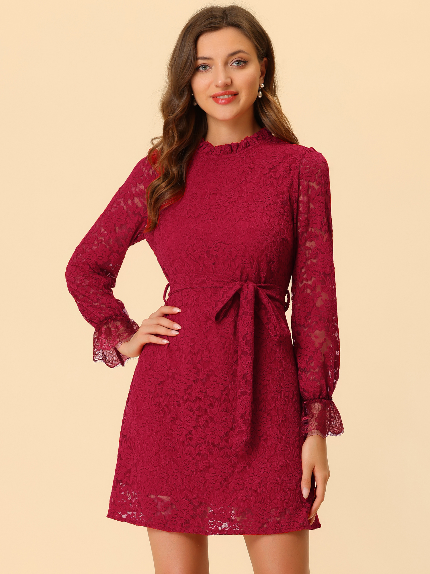 Lace Floral Ruffle Crew Neck Cocktail Mini Dress Red/XL