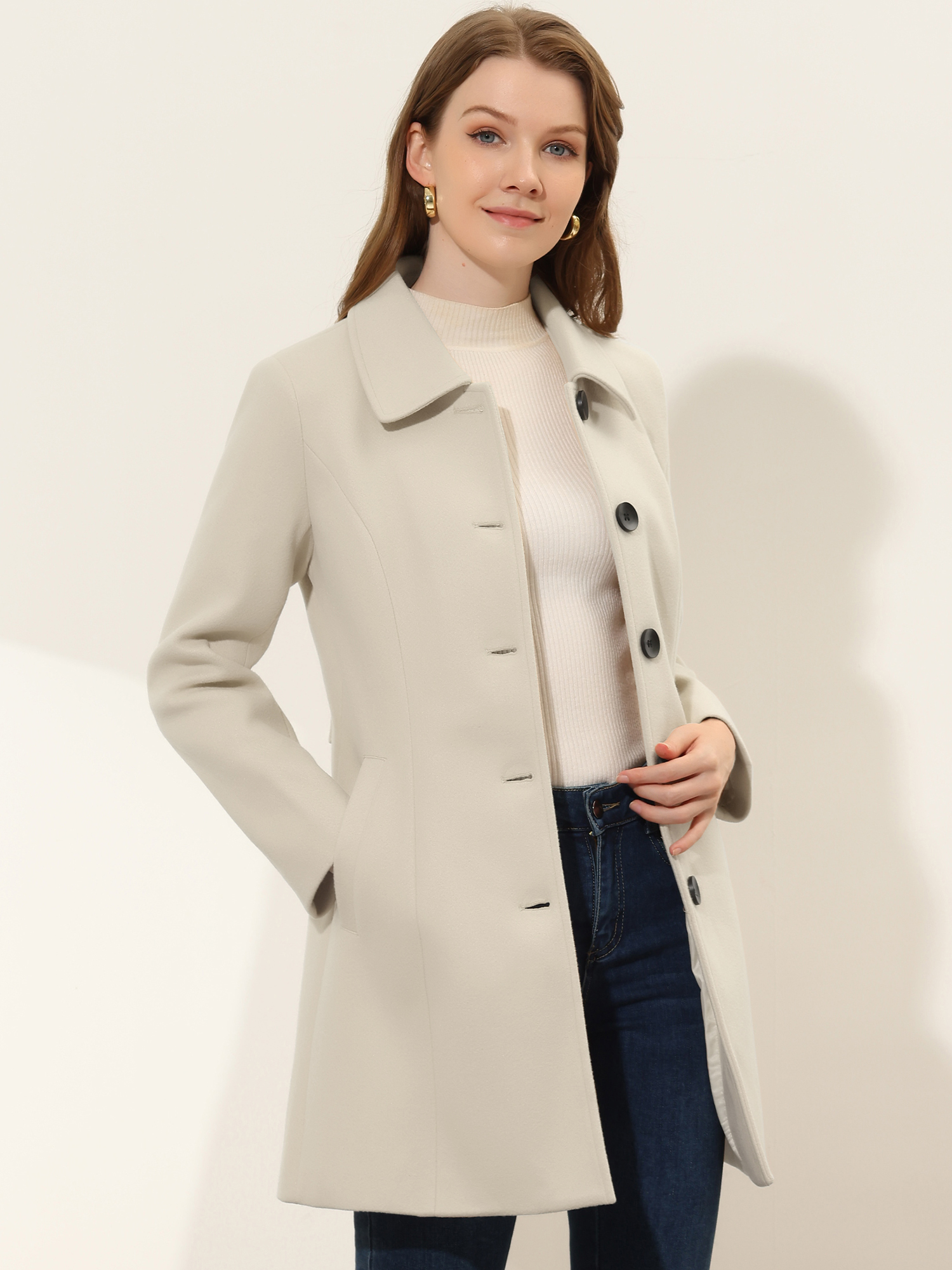 Allegra – Solid Winter Single Breasted Long Warm Pocketed Pea Coat Beige/XL