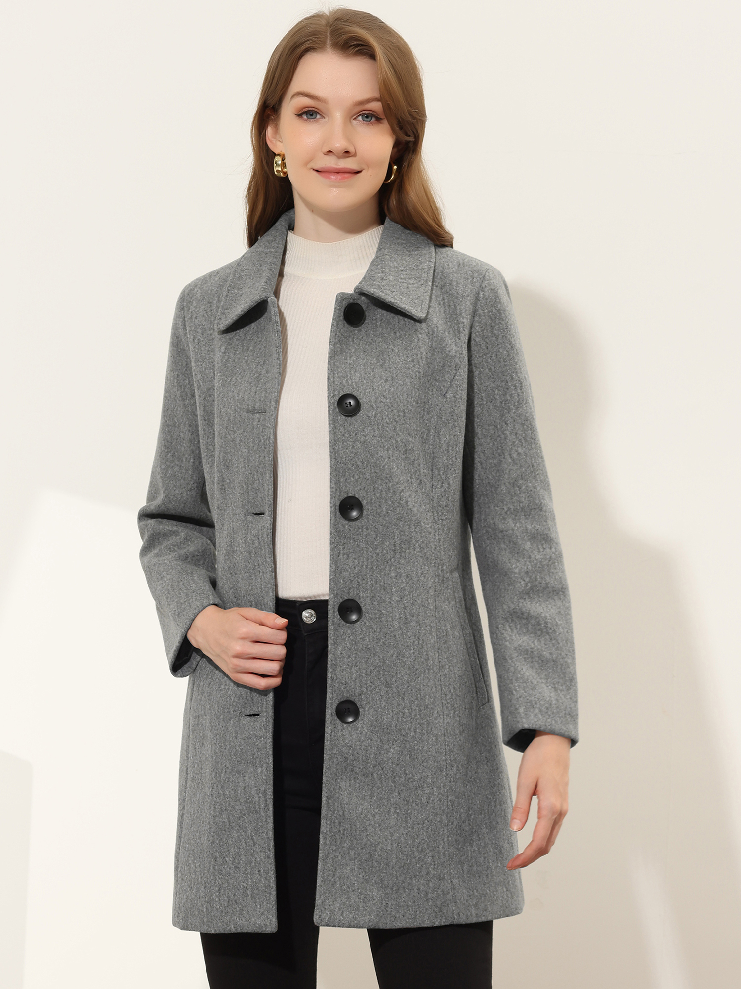 Solid Winter Single Breasted Long Warm Pocketed Pea Coat Grey/XS