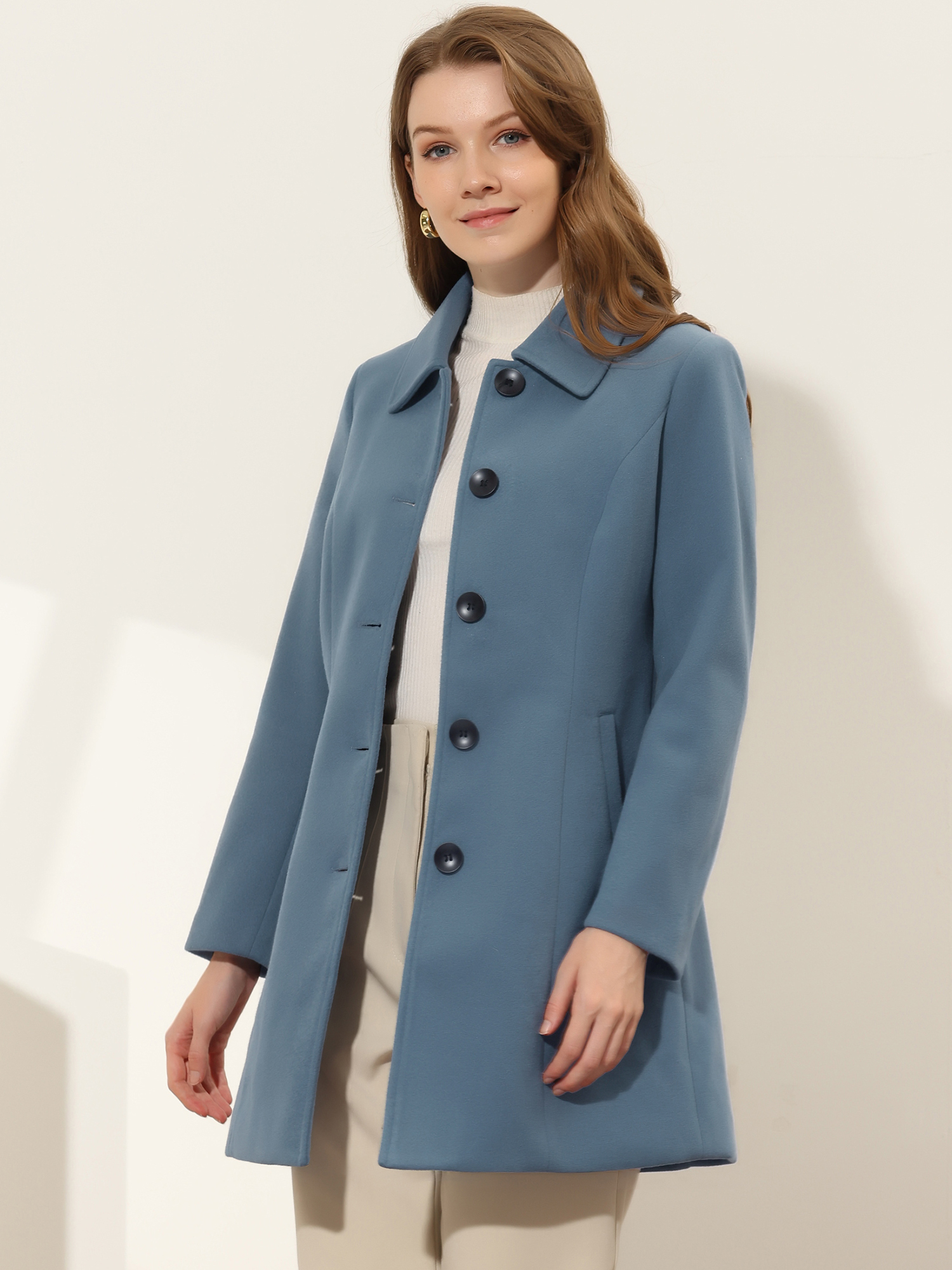 Solid Winter Single Breasted Long Warm Pocketed Pea Coat Grey Blue/S