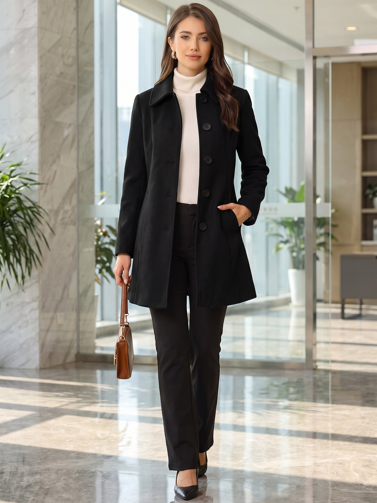 Solid Winter Single Breasted Long Warm Pocketed Pea Coat Black/L