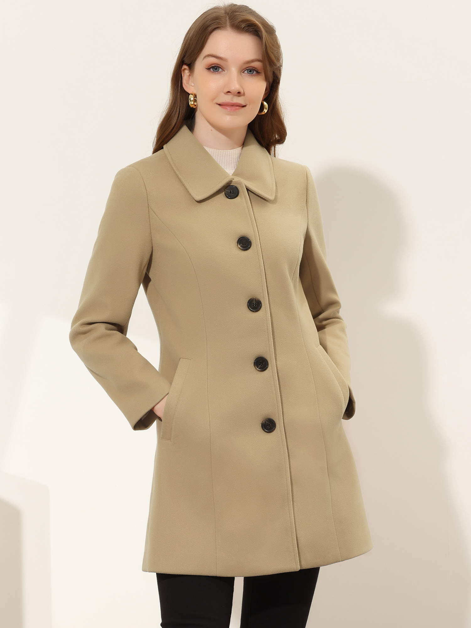 Solid Winter Single Breasted Long Warm Pocketed Pea Coat Khaki/L