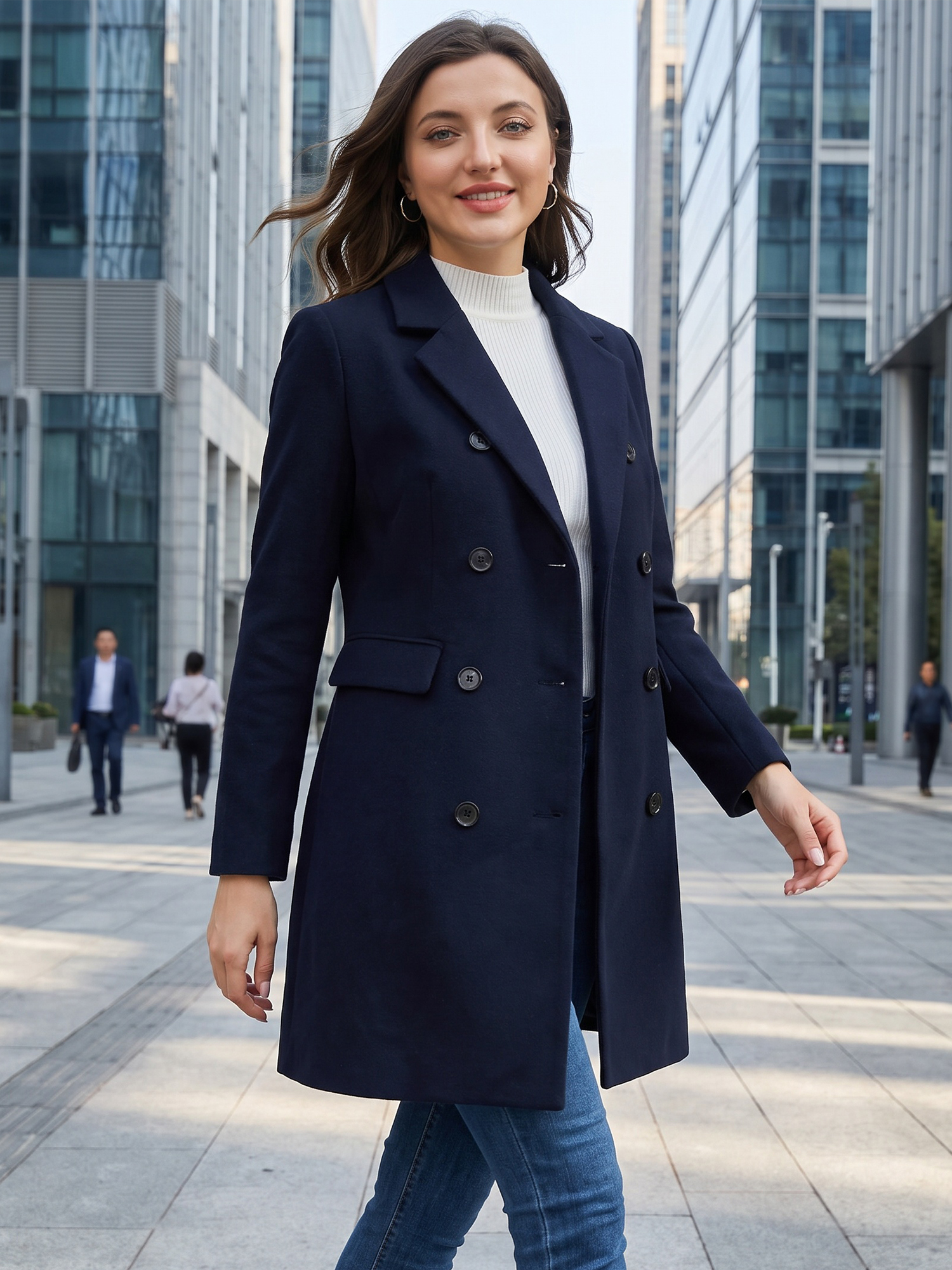 Winter Long Sleeve Notched Lapel Double Breasted Trench Coat Dark Blue/XL