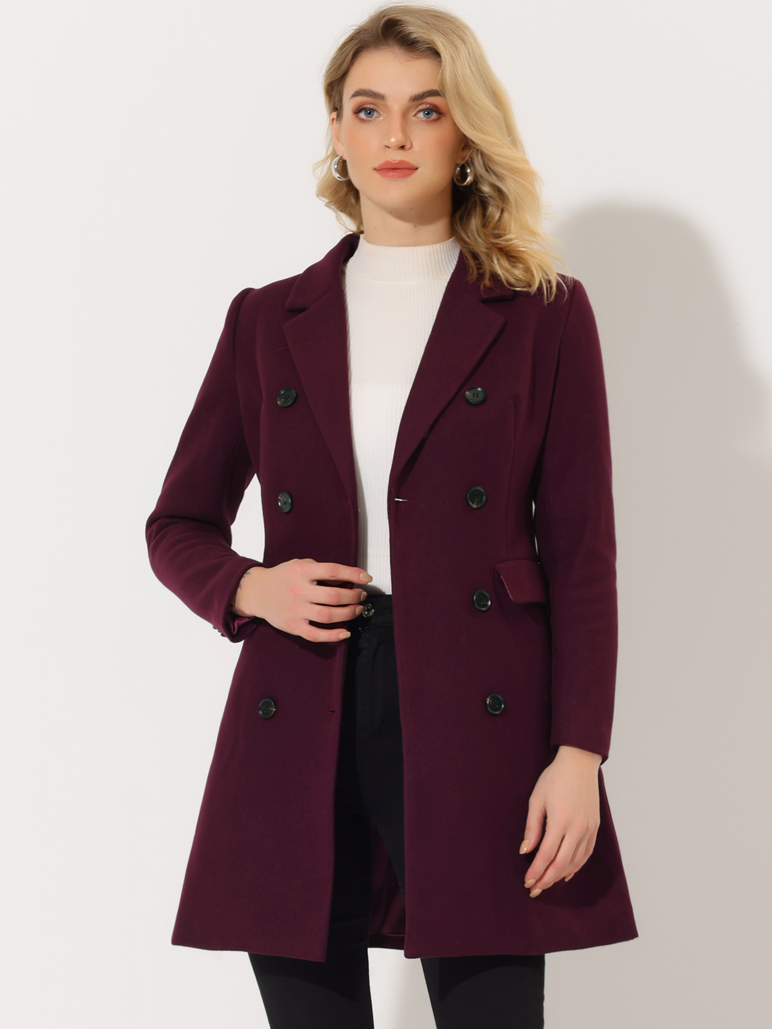 Winter Elegant Notched Lapel Double Breasted Trench Coat Mulberry/L