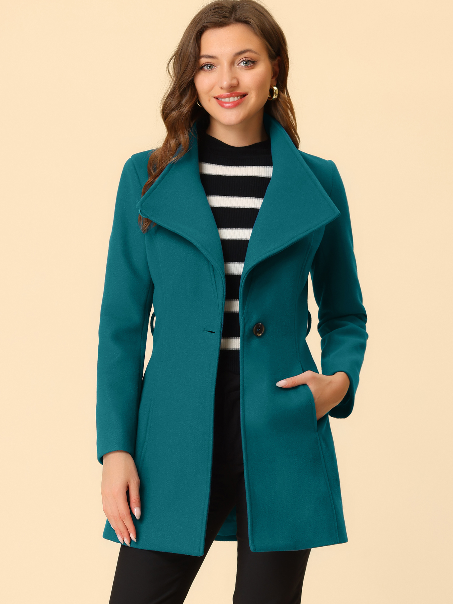 Classic Stand Collar Long Sleeve Belted Winter Coat Dark Lake Blue/S