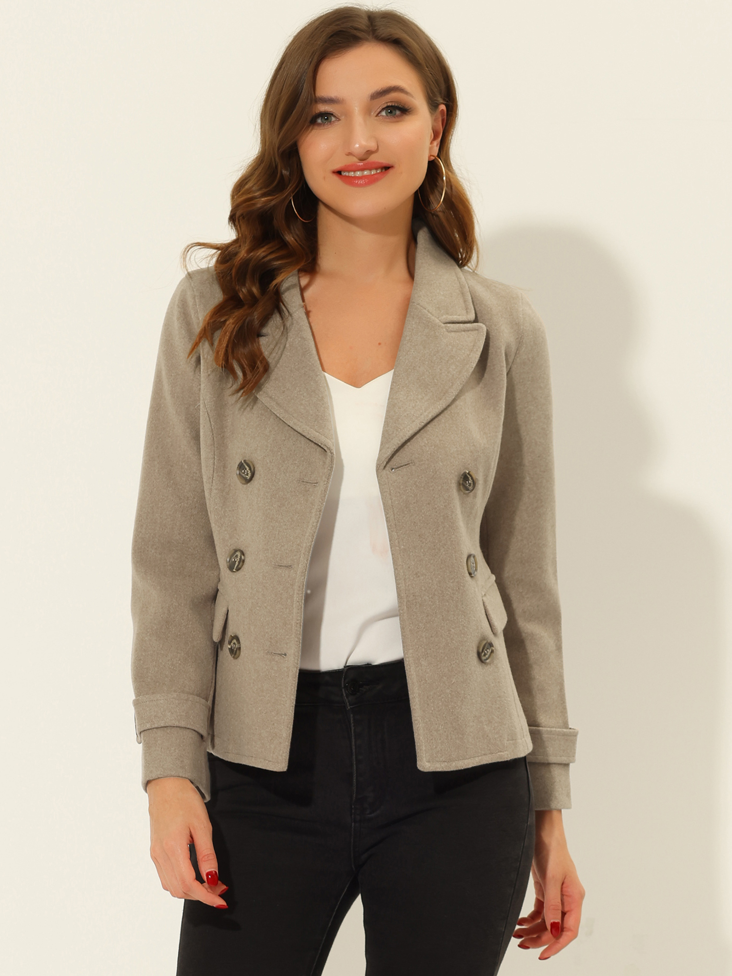 Winter Notched Lapel Double Breasted Short Pea Coat Light Brown/XL