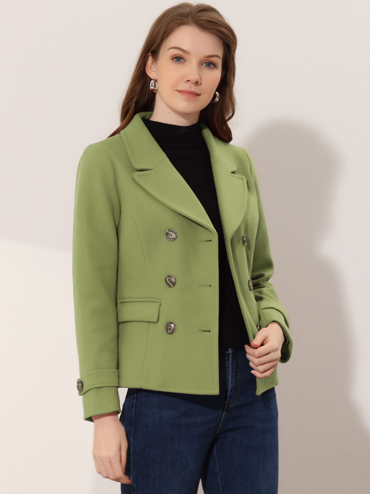 Winter Notched Lapel Double Breasted Short Pea Coat Pea Green/S