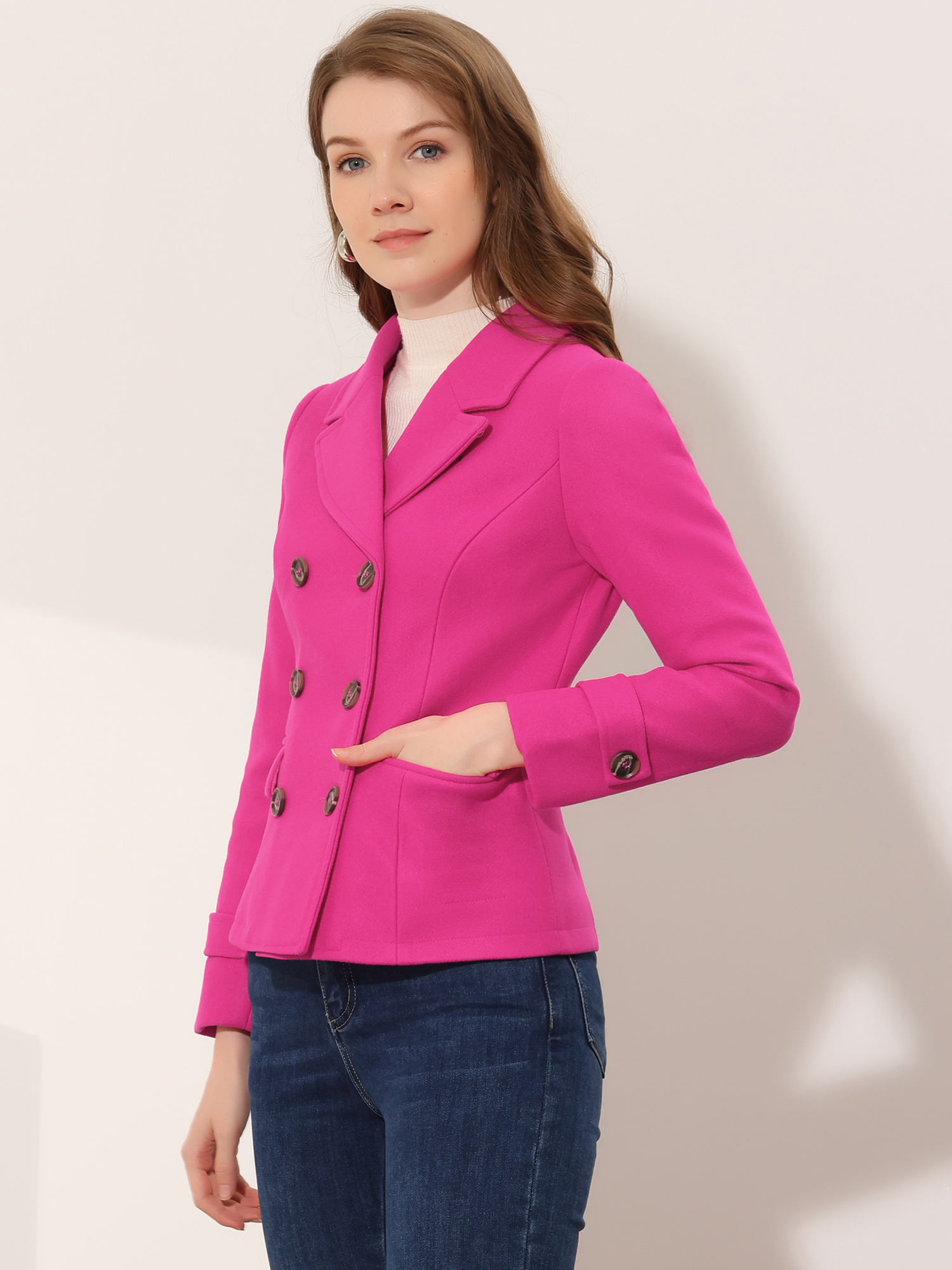 Winter Notched Lapel Double Breasted Short Pea Coat Hot Pink/S