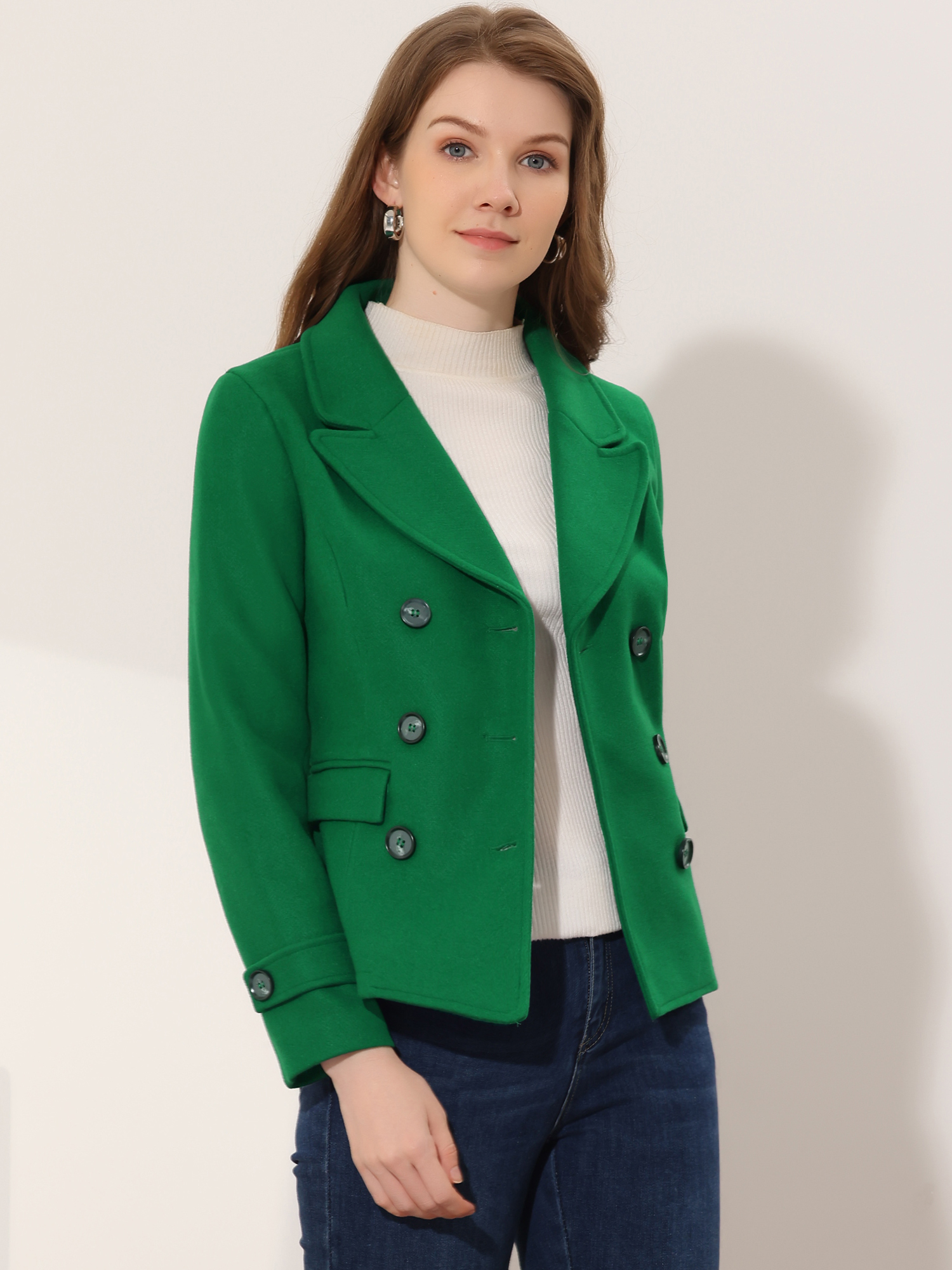 Winter Notched Lapel Double Breasted Short Pea Coat Green/S