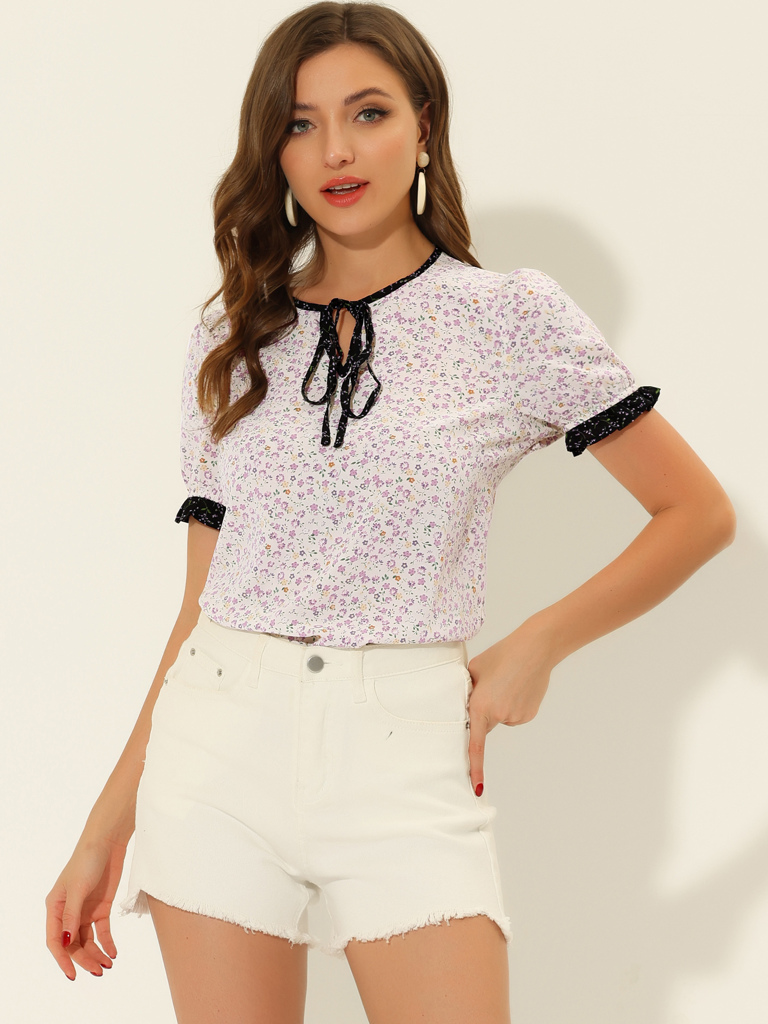 Tie Neck Contrast Trim Short Sleeve Floral Blouse Tops Purple/M