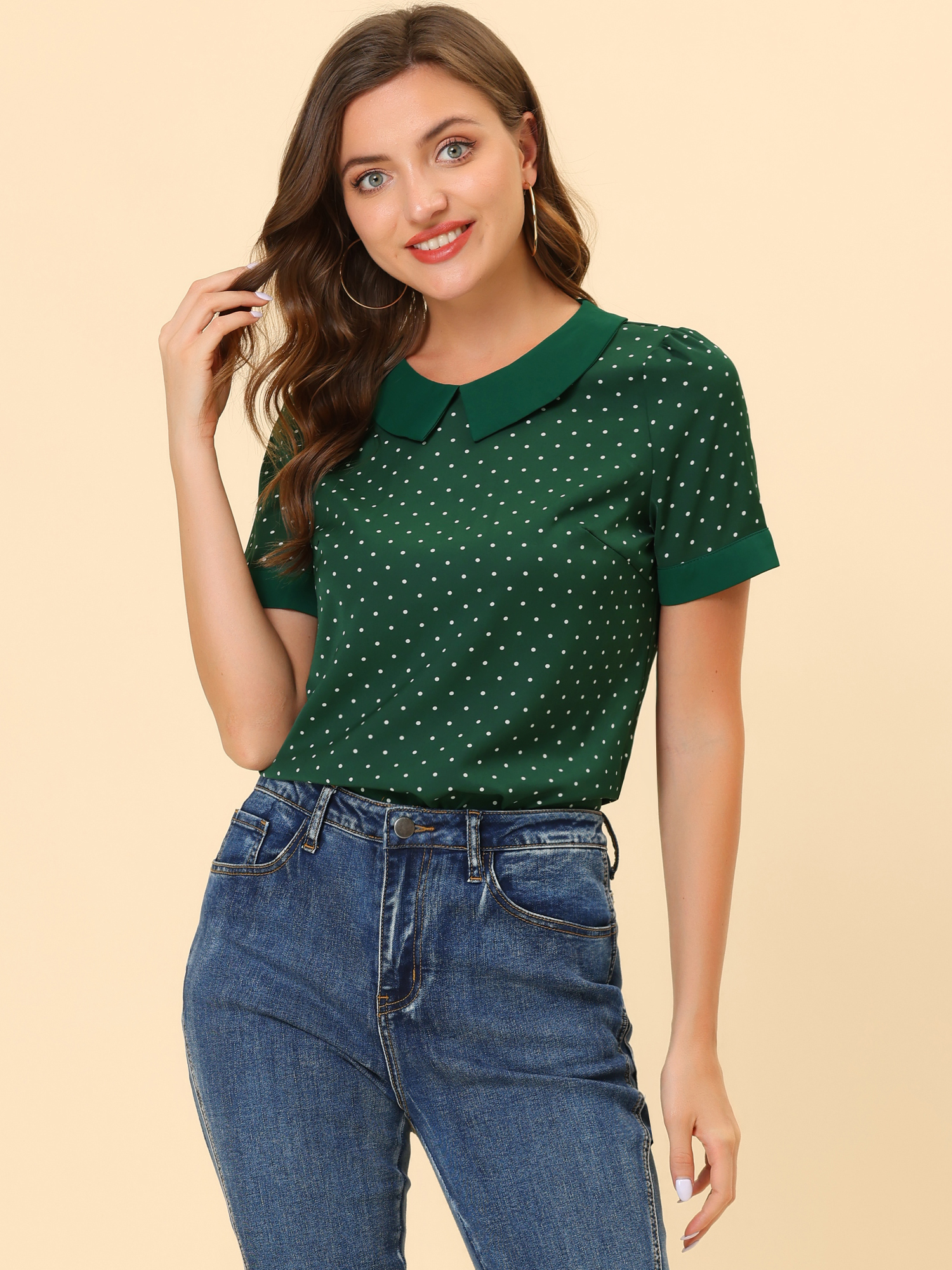 Peter Pan Collar Polka Dots Short Sleeves Blouse Green/L