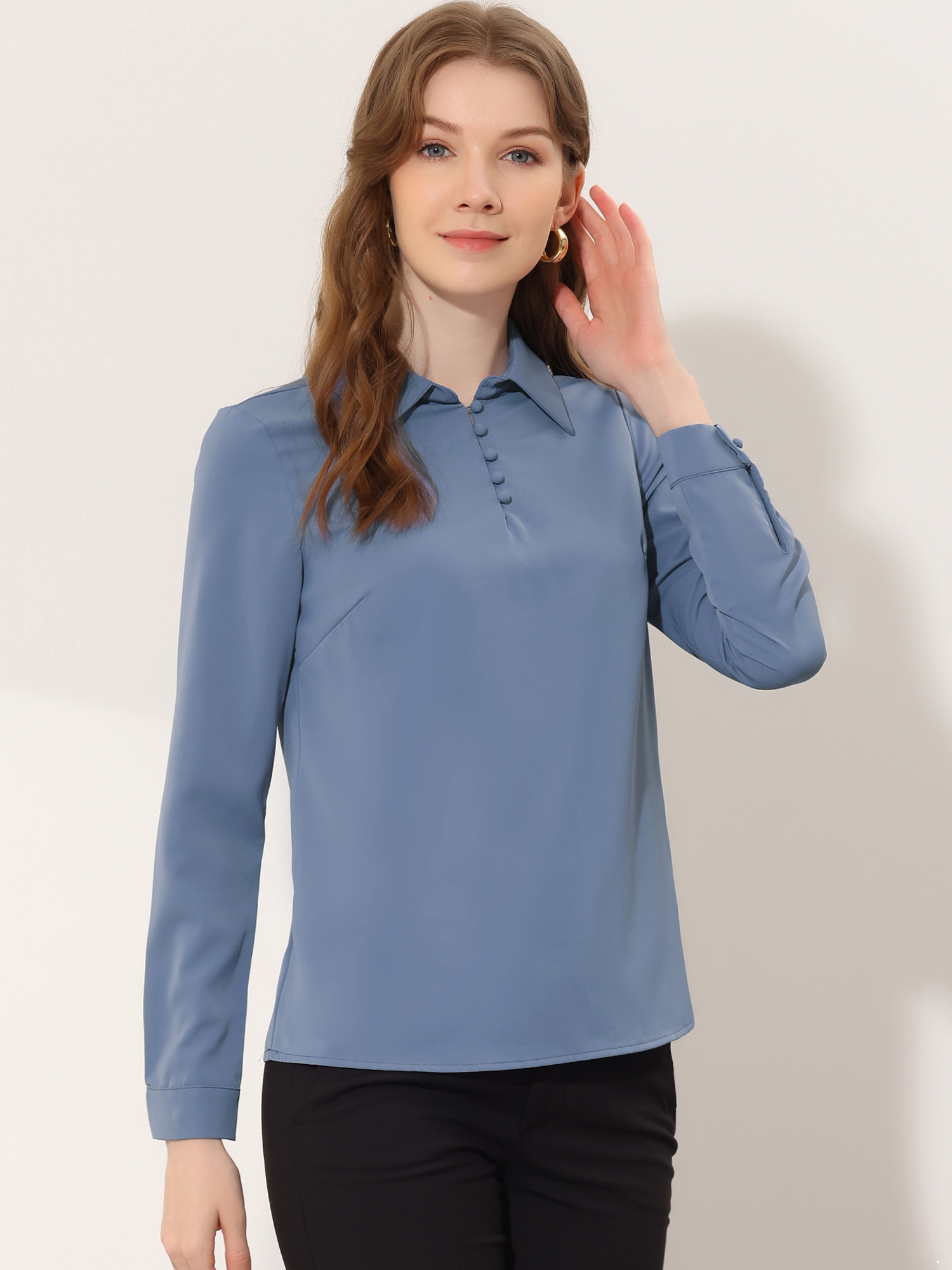 Office Blouse Point Collar Popover Chiffon Long Sleeve Shirt Dusty Blue/M
