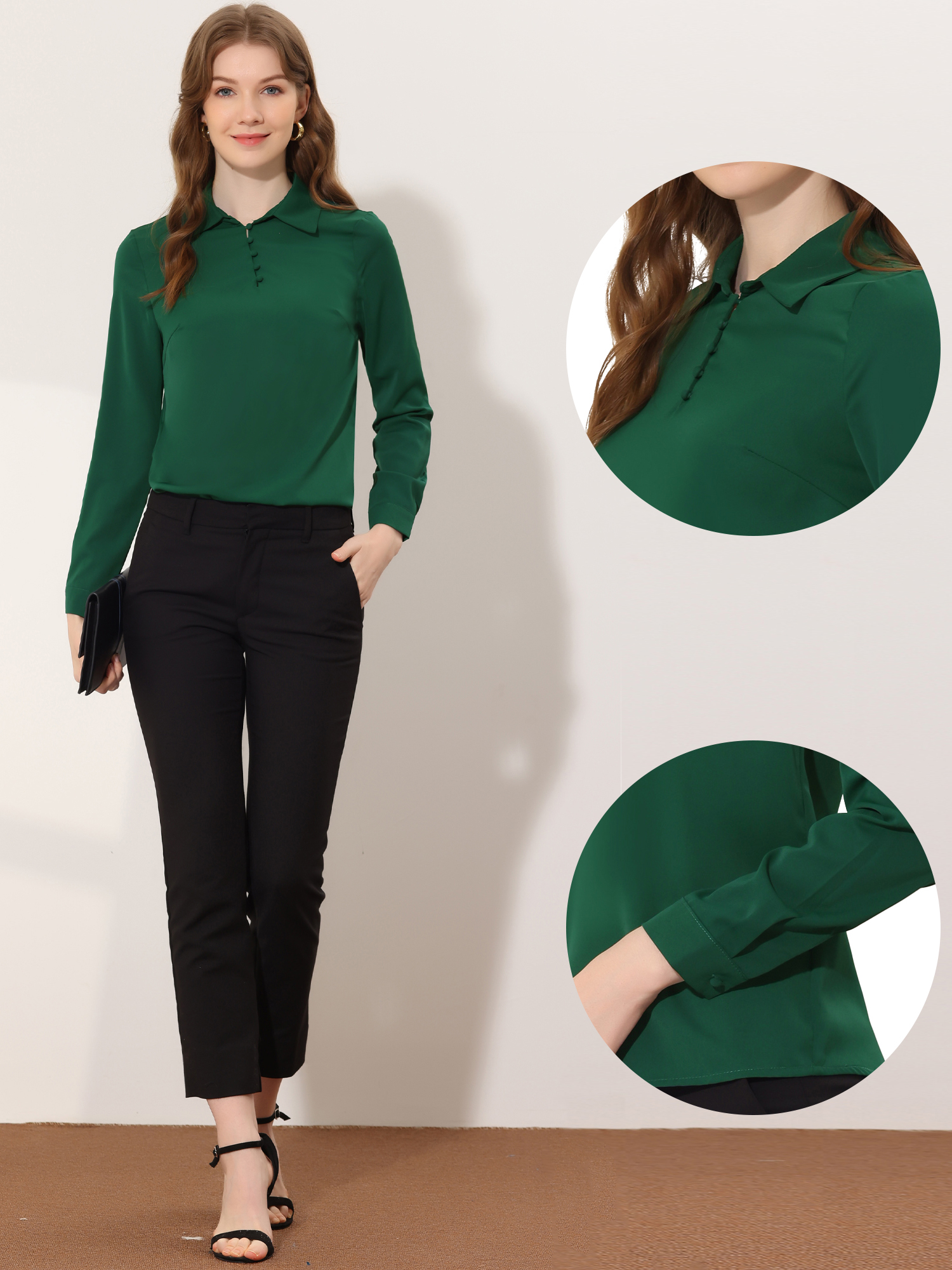 Office Blouse Point Collar Popover Chiffon Long Sleeve Shirt Dark Green/XS