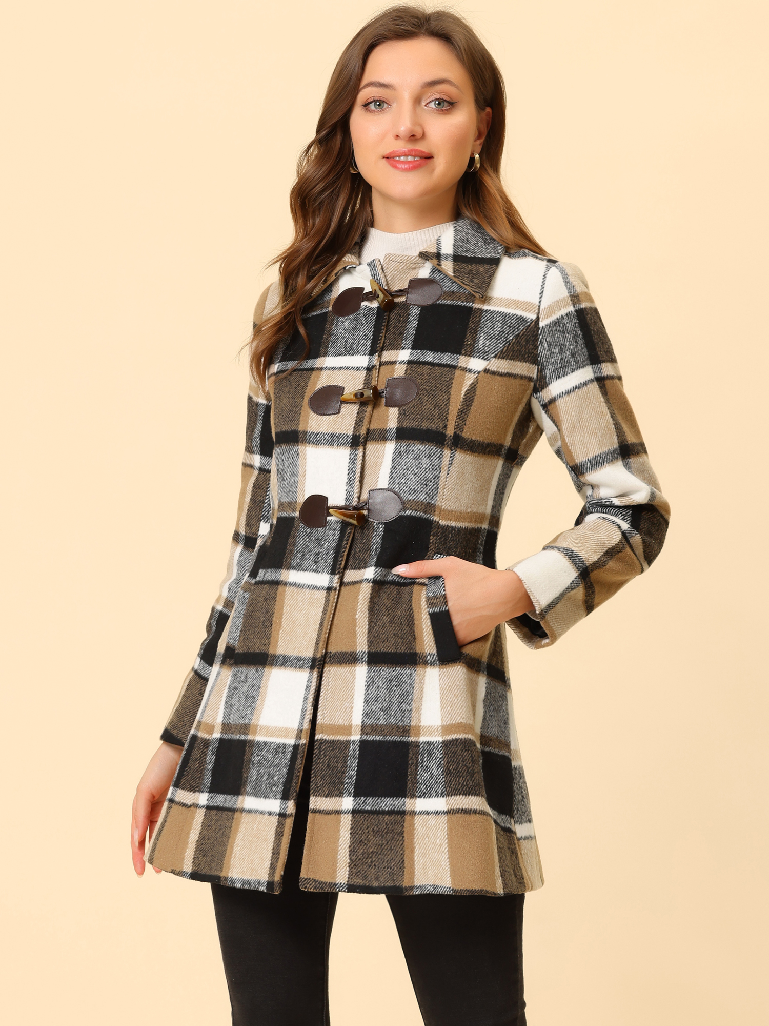 Toggle Outerwear Turn Down Collar Winter Plaid Duffle Coat Brown/M